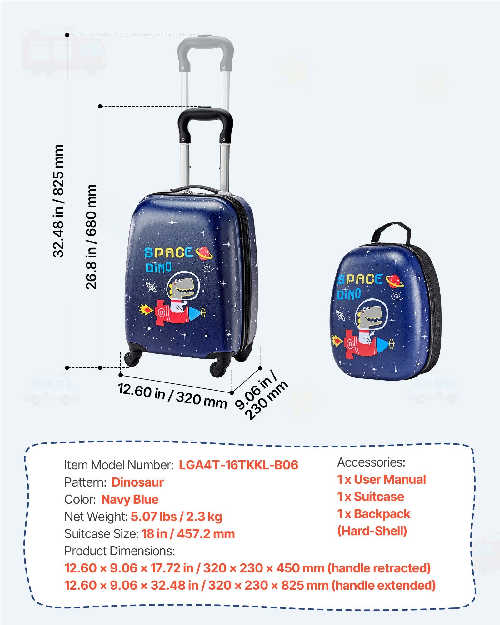 Vaikiškas lagaminų komplektas VEVOR LGA4T-16TKKL-B06, 45,7 cm