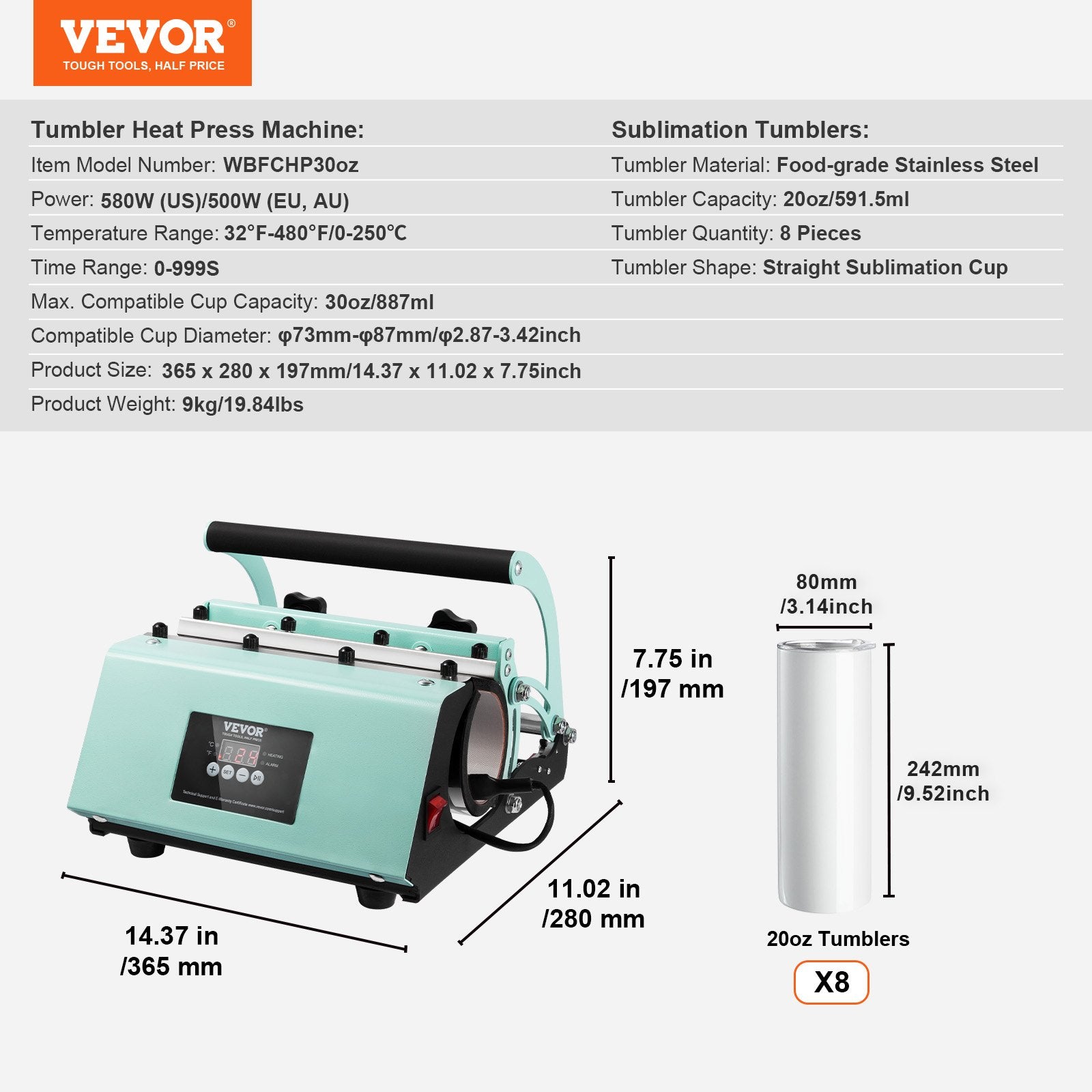 Termo presas puodeliams VEVOR WBFCHP30oz, 11-30 oz talpos indams