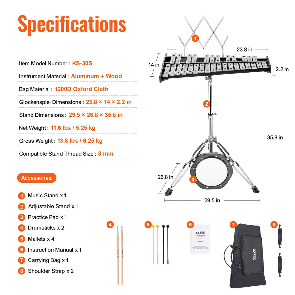 Metalofonas (Glockenspiel) VEVOR KS-30S, 30 natų