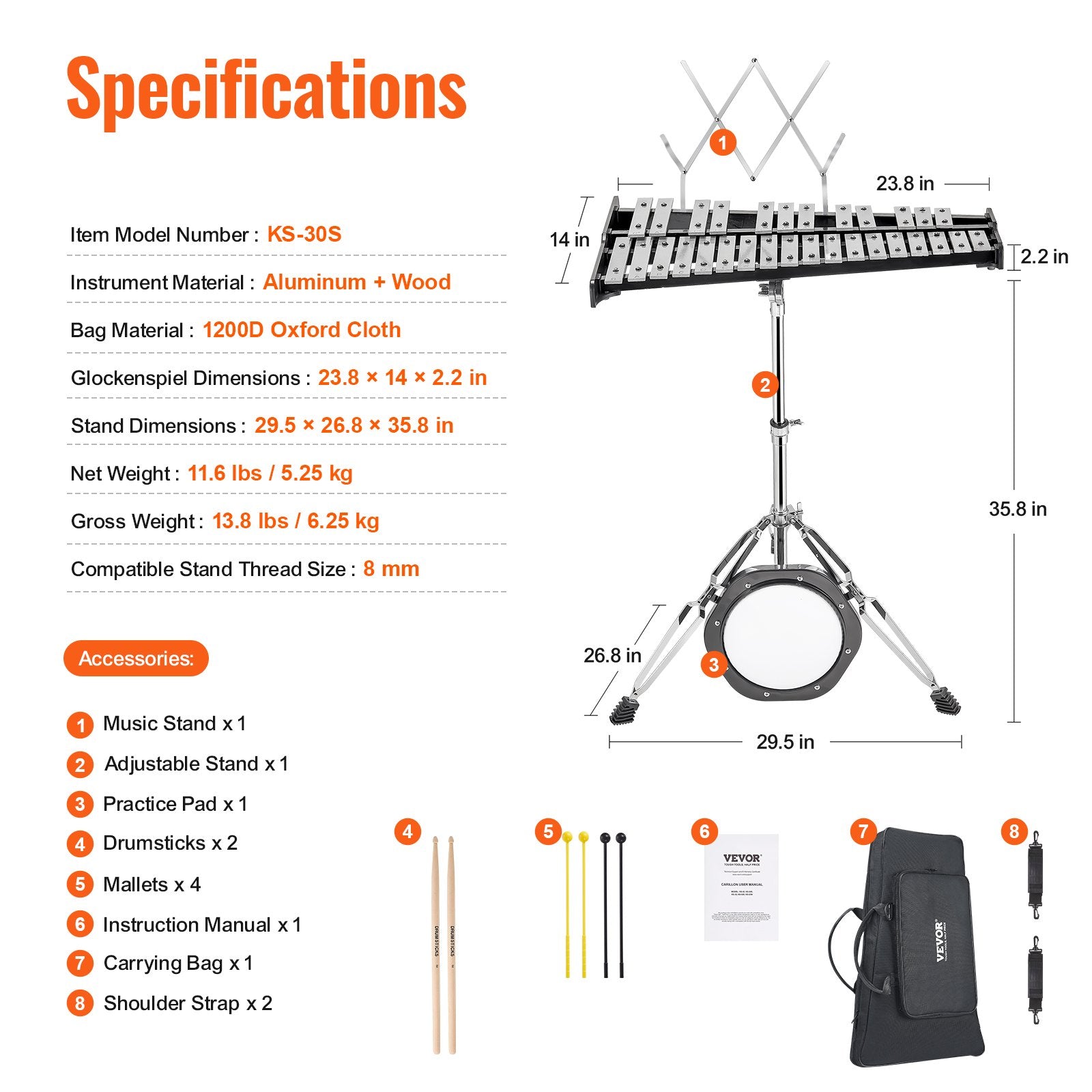 Metalofonas (Glockenspiel) VEVOR KS-30S, 30 natų