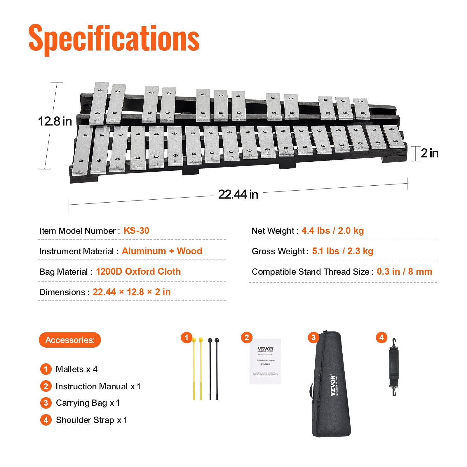 Ksilofonas (Glockenspiel) VEVOR KS-30, 30 natų