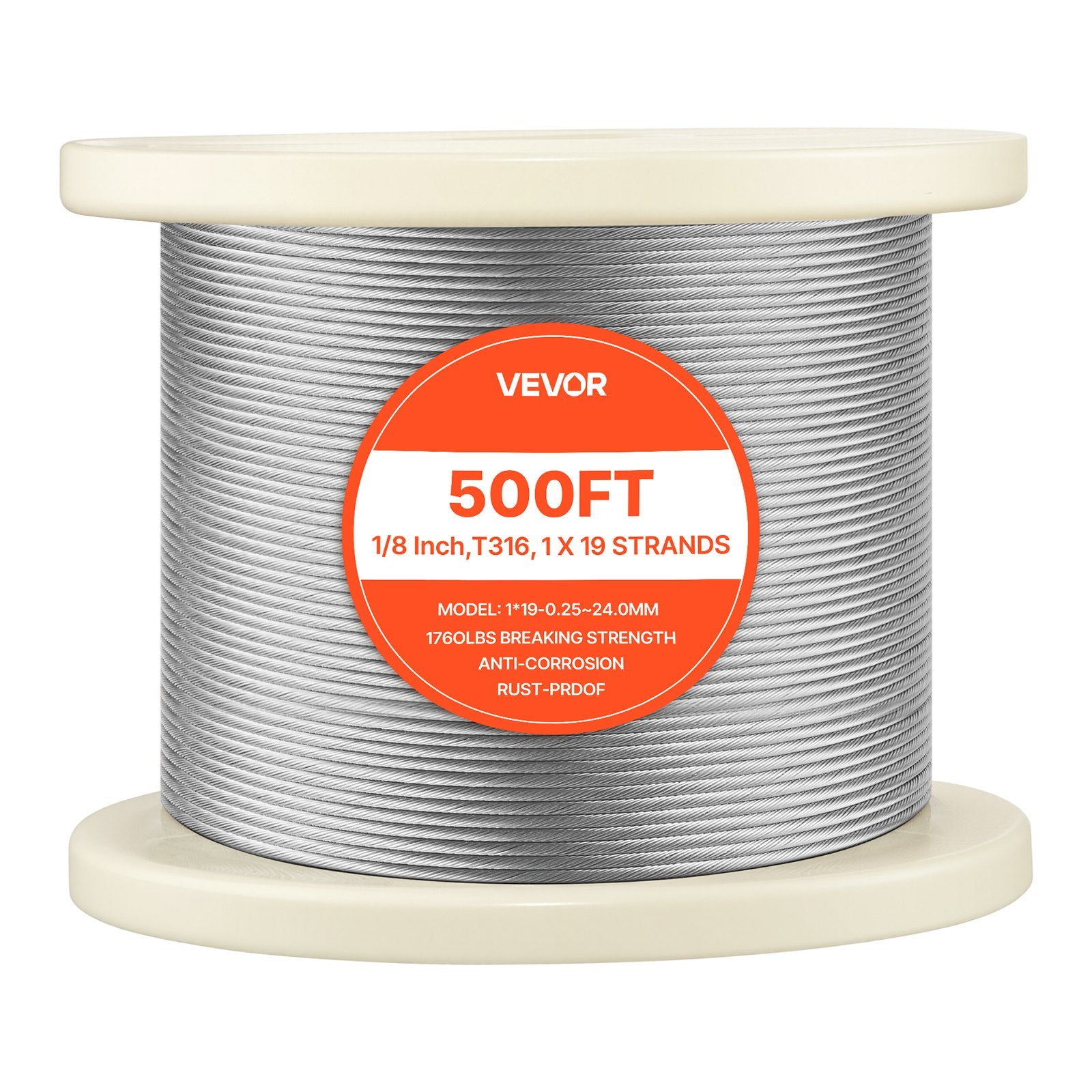 Plieninis trosas VEVOR 1*19-0.25~24.0mm, 3,2 mm x 152 m