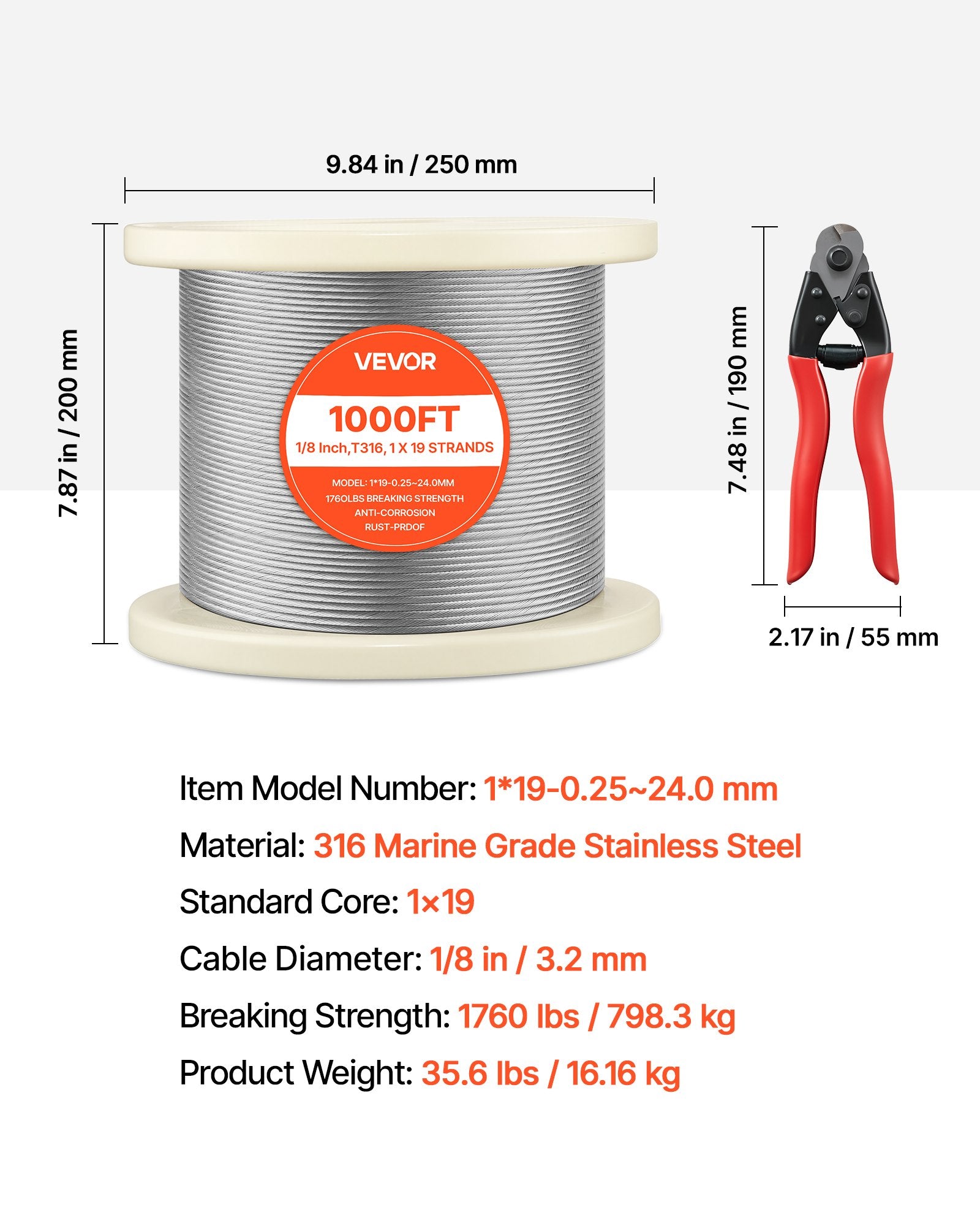 Plieninis trosas VEVOR 1*19-0.25~24.0mm, 3.2 mm