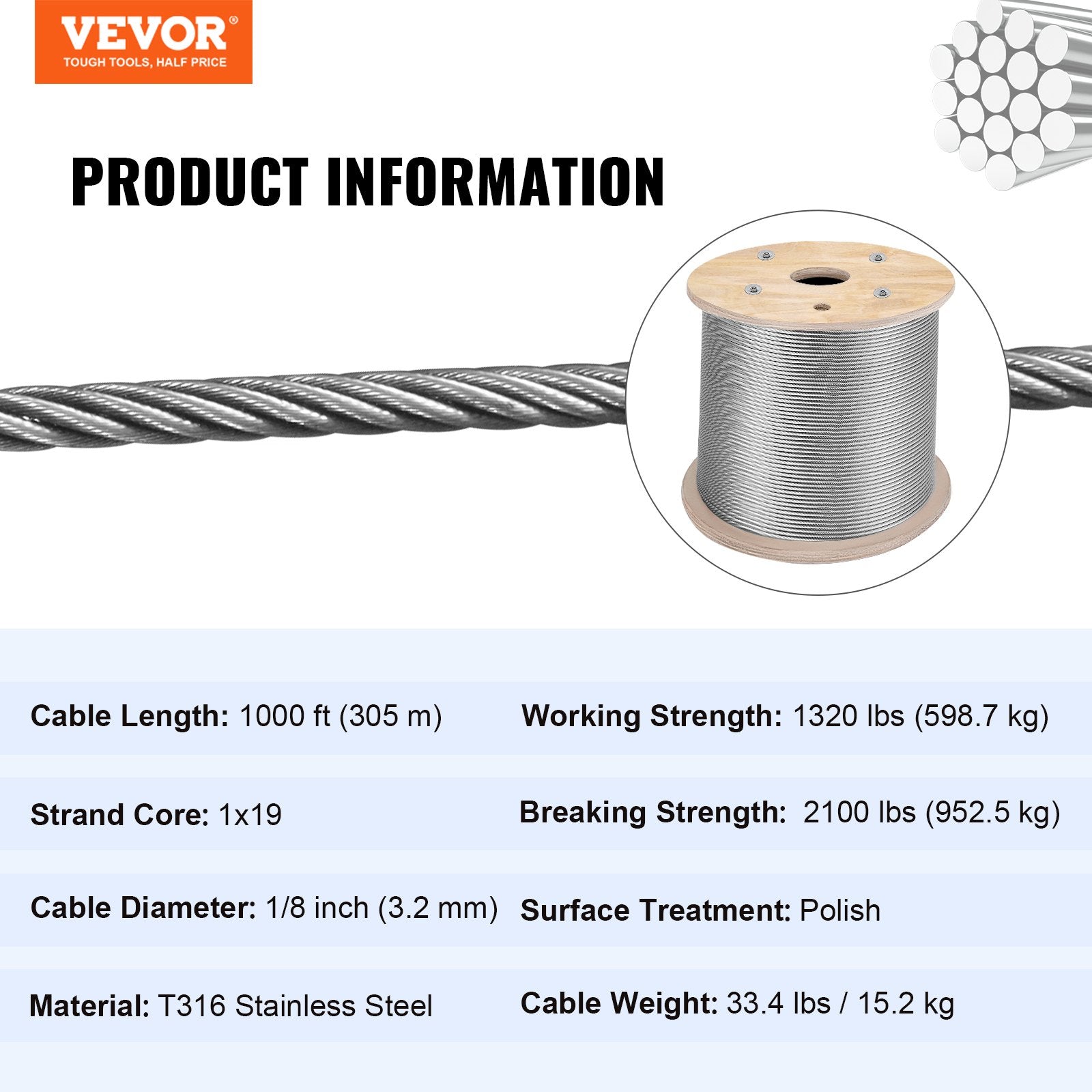 Plieninis trosas VEVOR T316, 3,2 mm storio