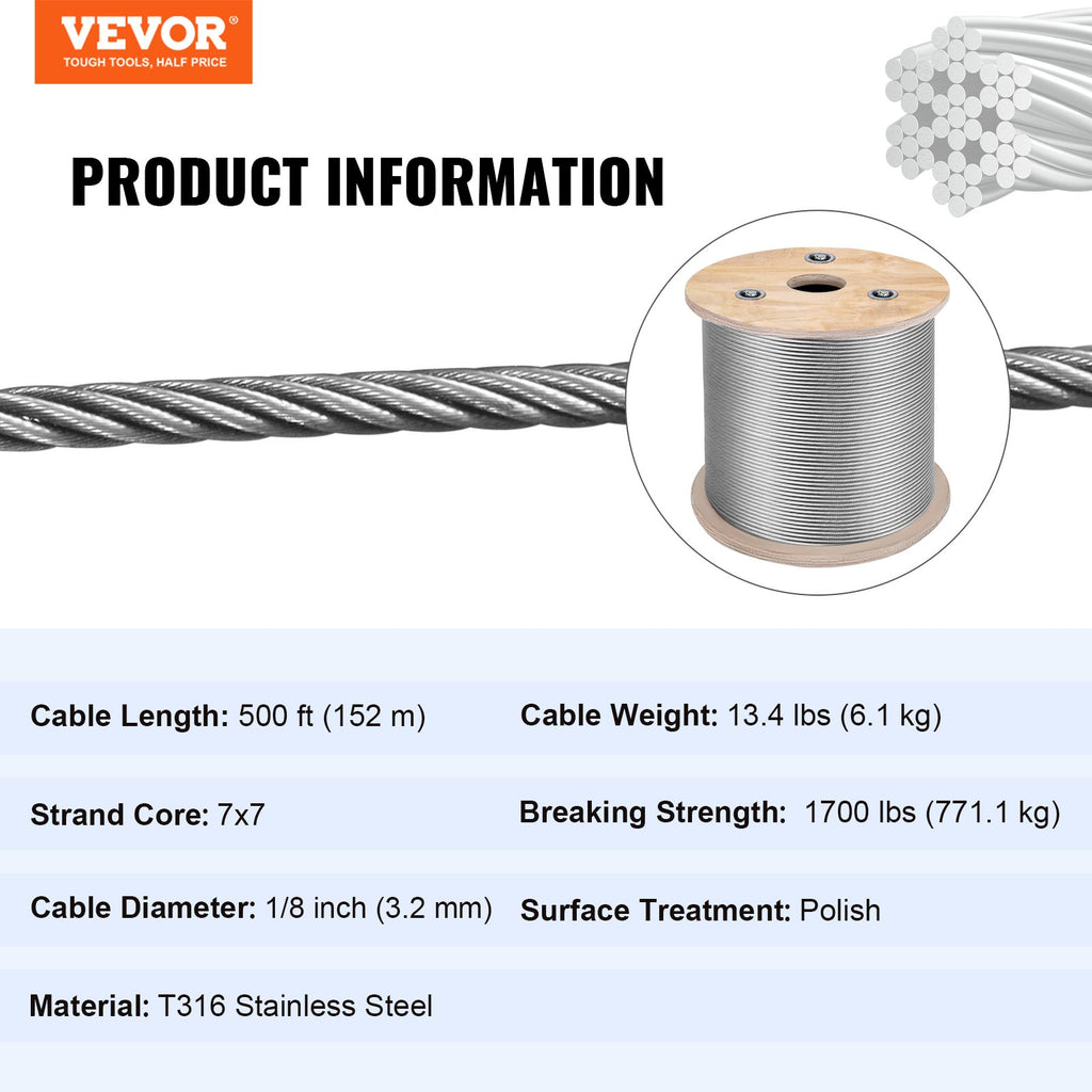 Plieninis trosas VEVOR T316, 3,2 mm skersmens