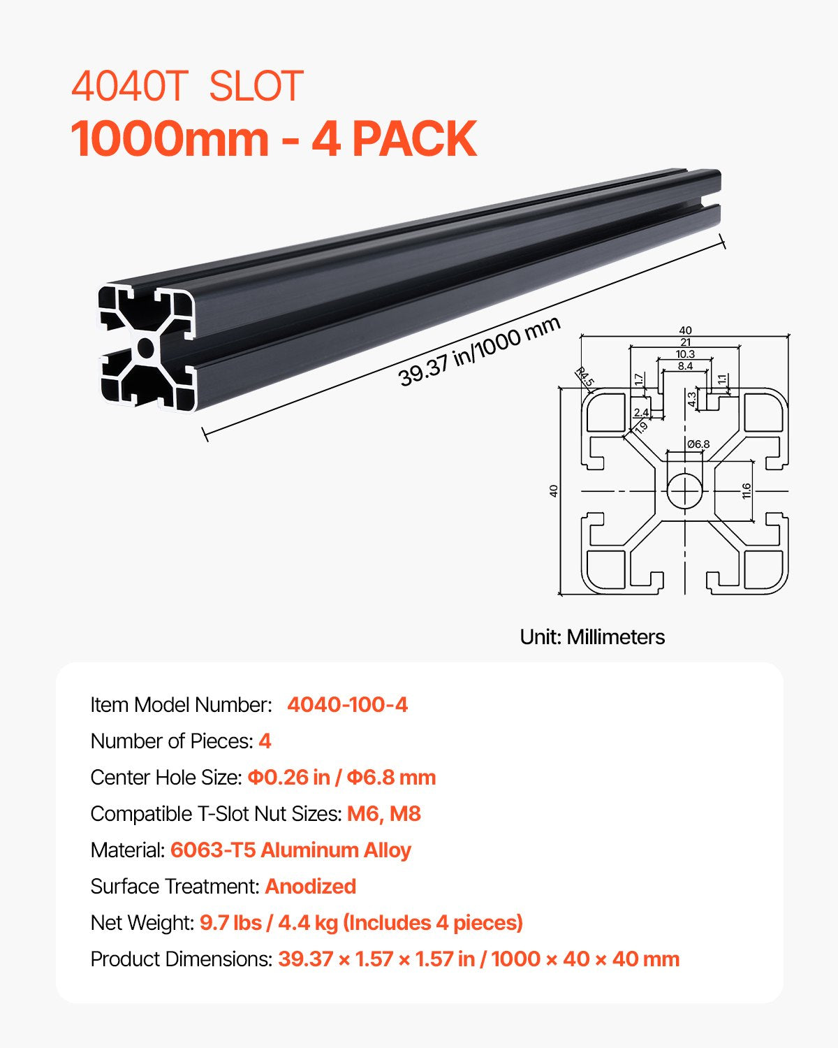 Aliuminio profilis VEVOR 4040-100-4, 1000 mm, 4 vnt.