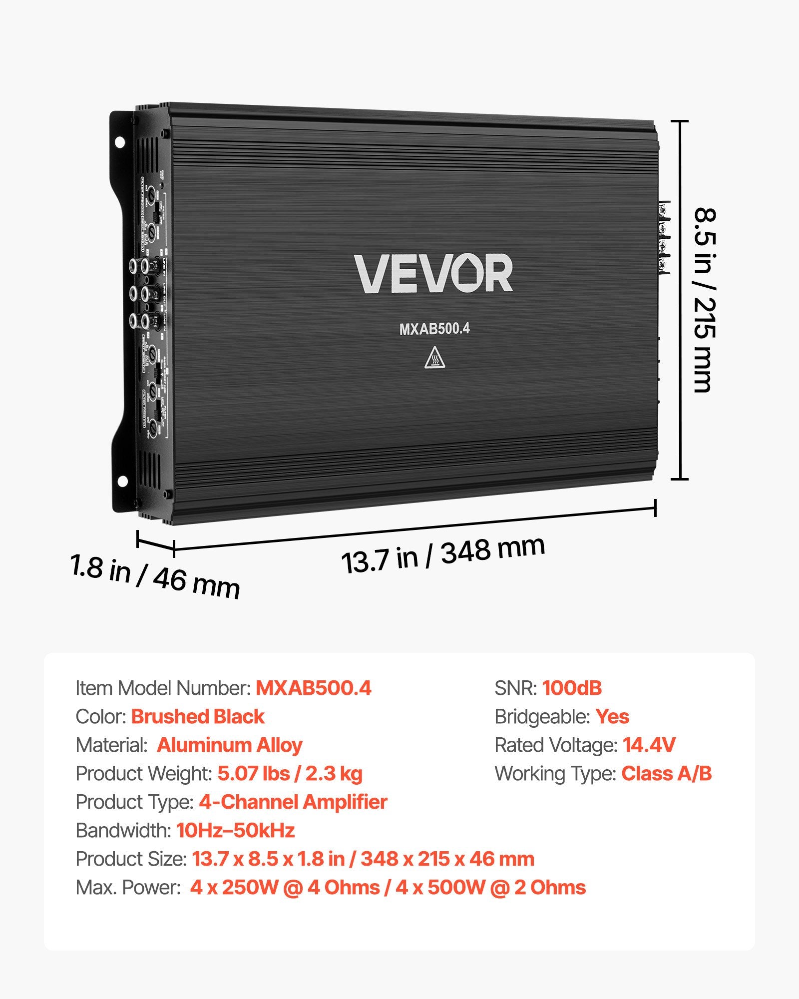 Automobilinis garso stiprintuvas VEVOR MXAB500.4, 4 kanalų, 2000W