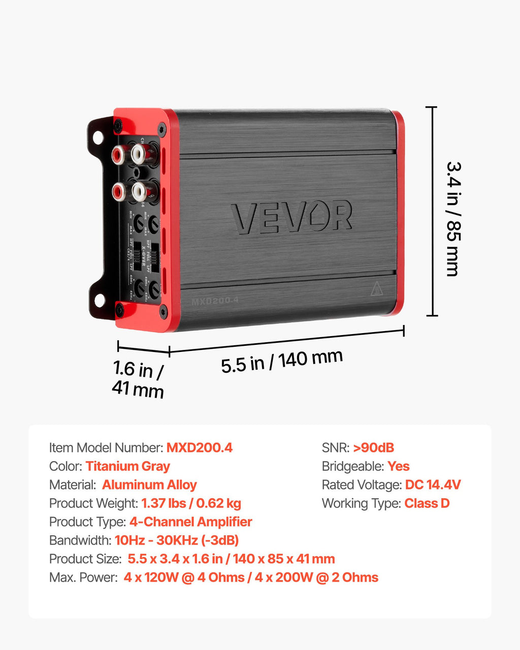 Automobilinis garso stiprintuvas VEVOR MXD200.4, 4 kanalų