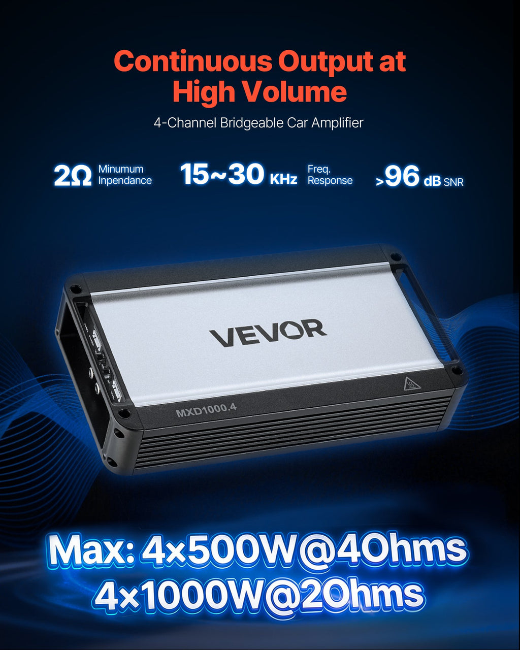 Automobilinis garso stiprintuvas VEVOR MXD1000.4, 4 kanalų, 4000W