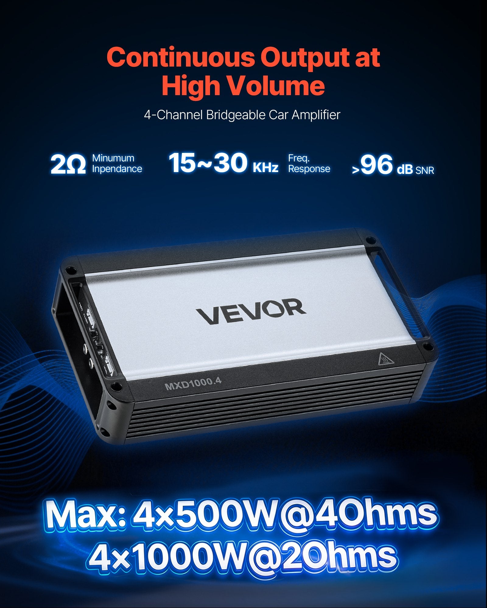 Automobilinis garso stiprintuvas VEVOR MXD1000.4, 4 kanalų, 4000W