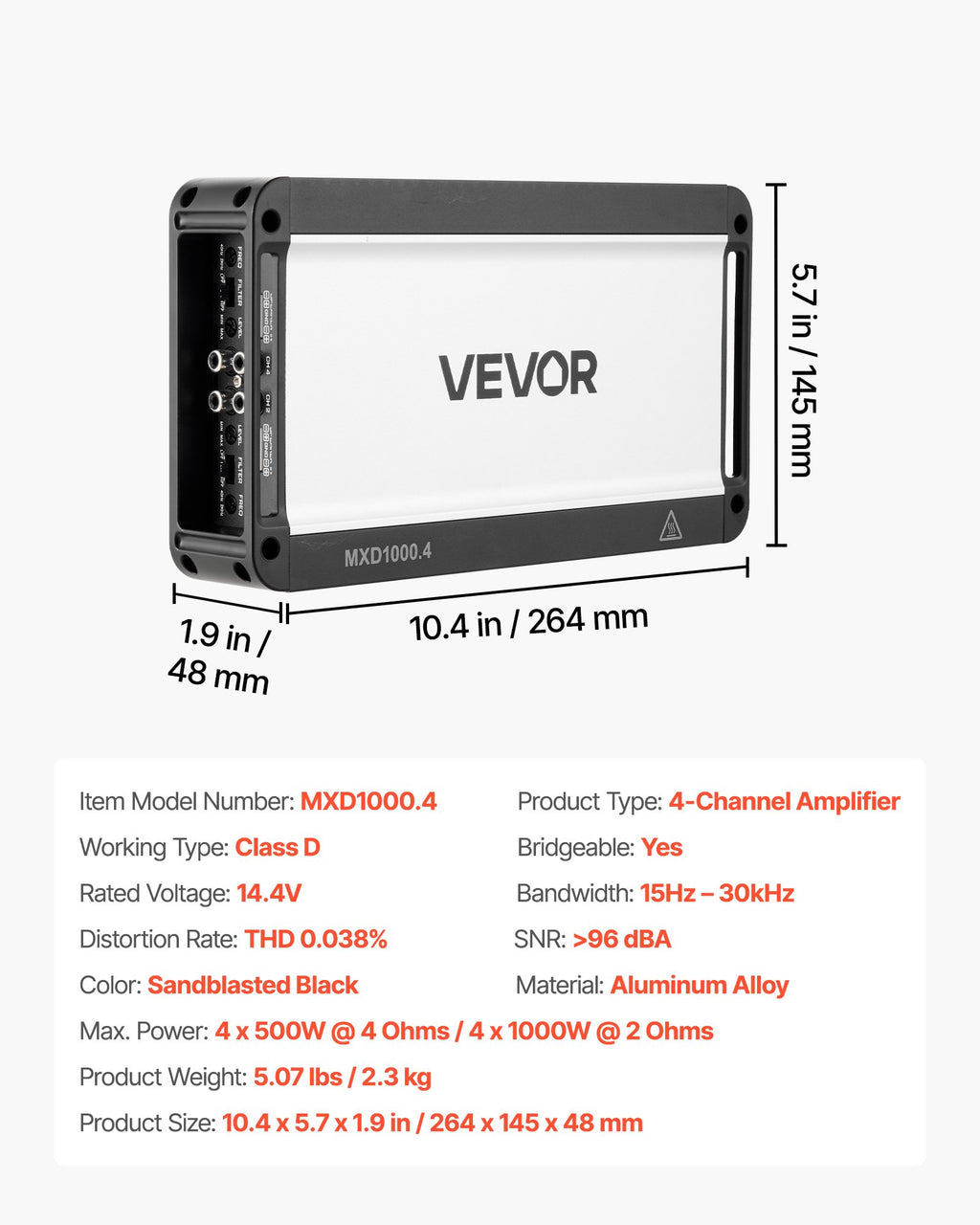 Automobilinis garso stiprintuvas VEVOR MXD1000.4, 4 kanalų, 4000W