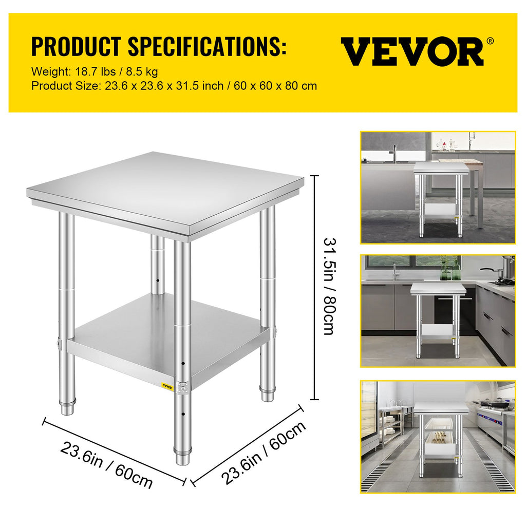 Nerūdijančio plieno darbo stalas VEVOR GZT60*60*80, 60x60x80 cm