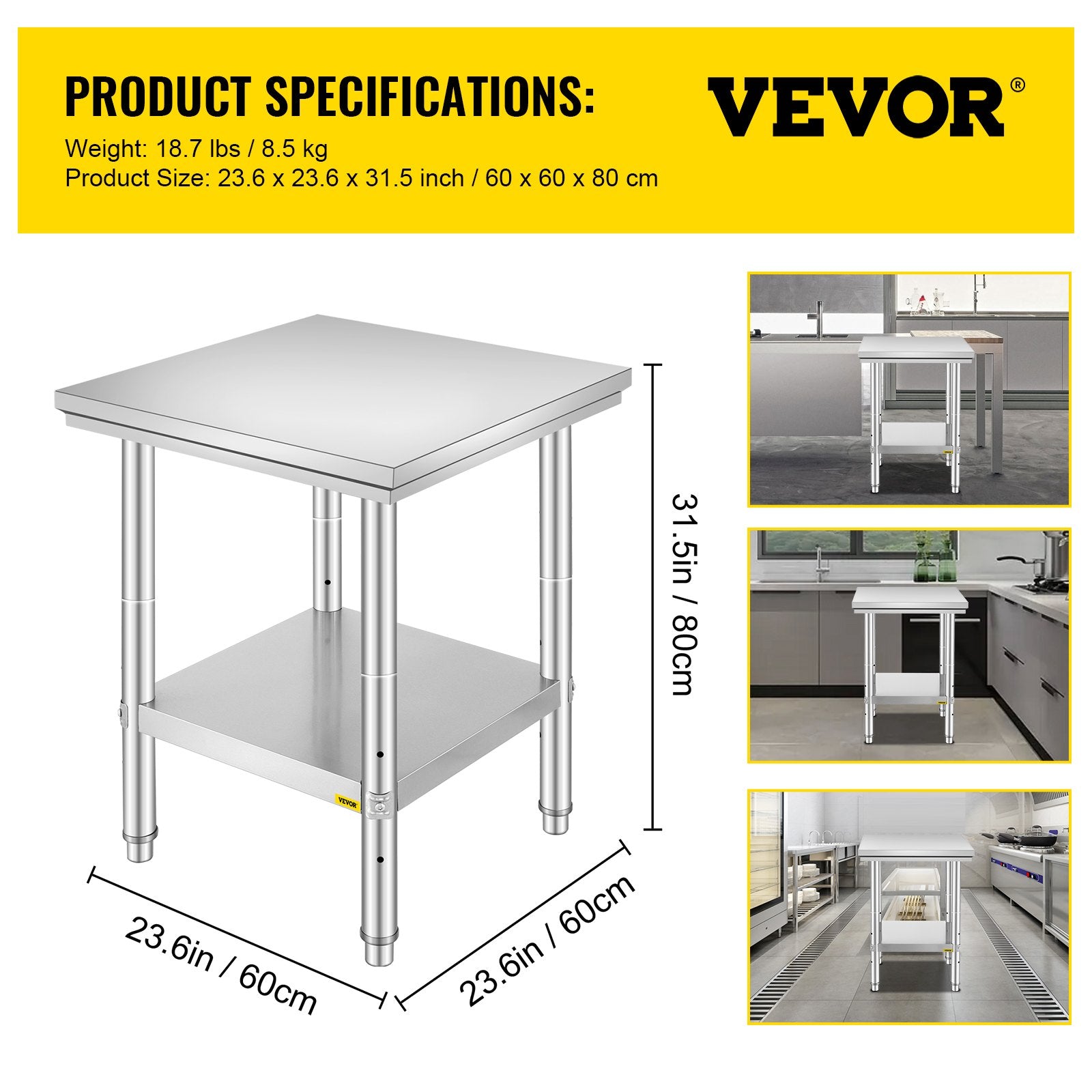 Nerūdijančio plieno darbo stalas VEVOR GZT60*60*80, 60x60x80 cm