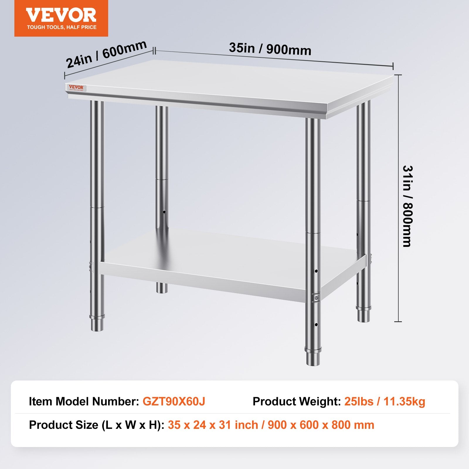 Nerūdijančio plieno paruošimo stalas VEVOR GZT90X60J, 900x600x800 mm