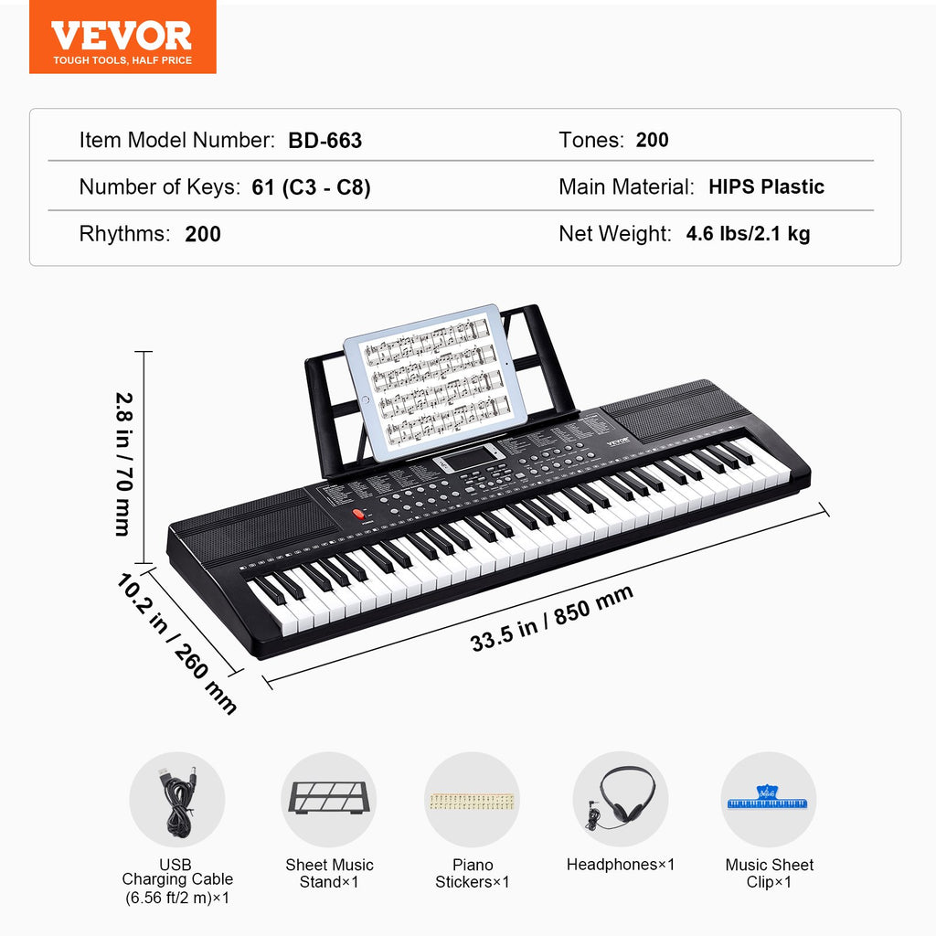 Skaitmeninis pianinas VEVOR BD-663, 61 klavišas