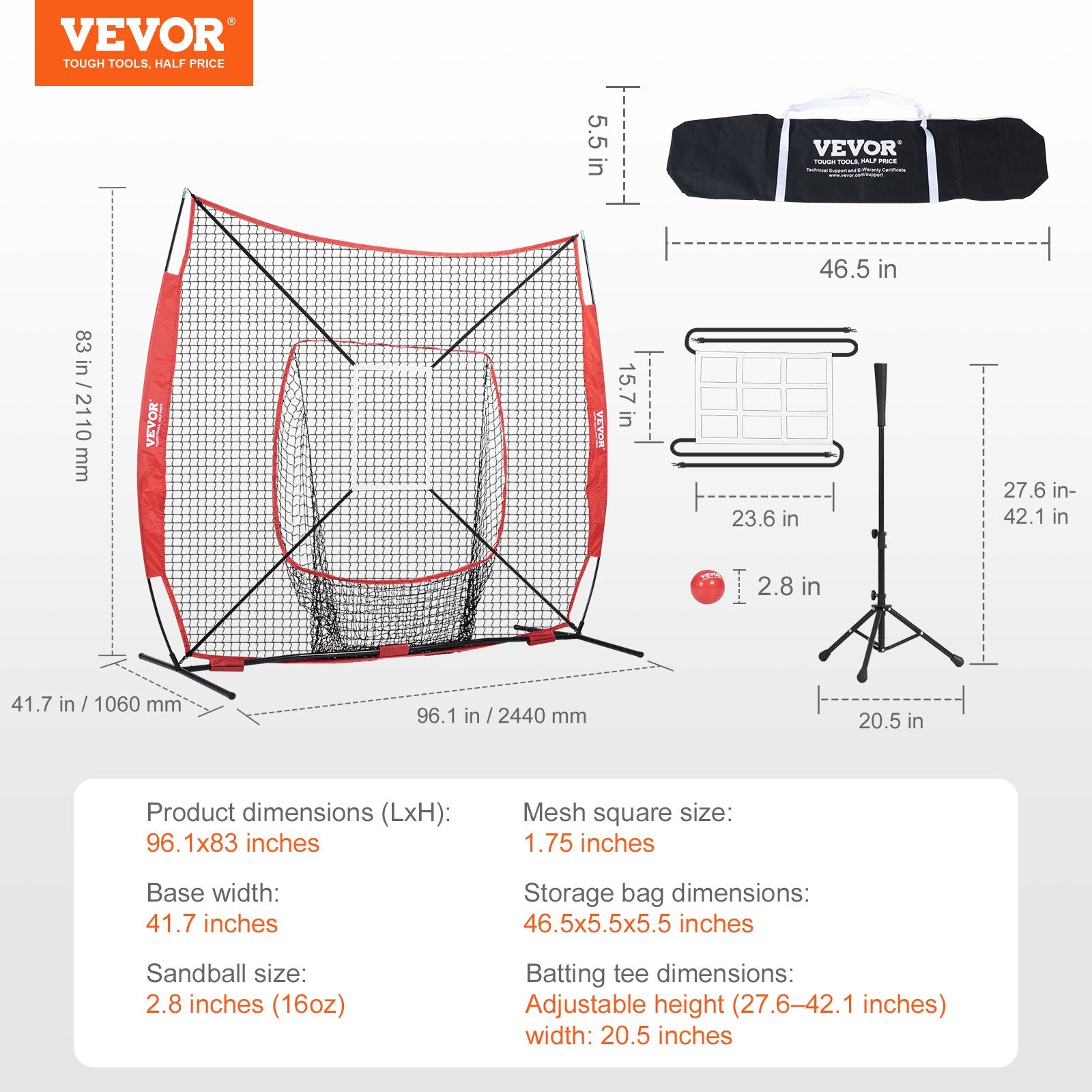 Beisbolo ir minkštasvydžio treniruočių tinklas VEVOR YC-SS-BN004, 213x213 cm