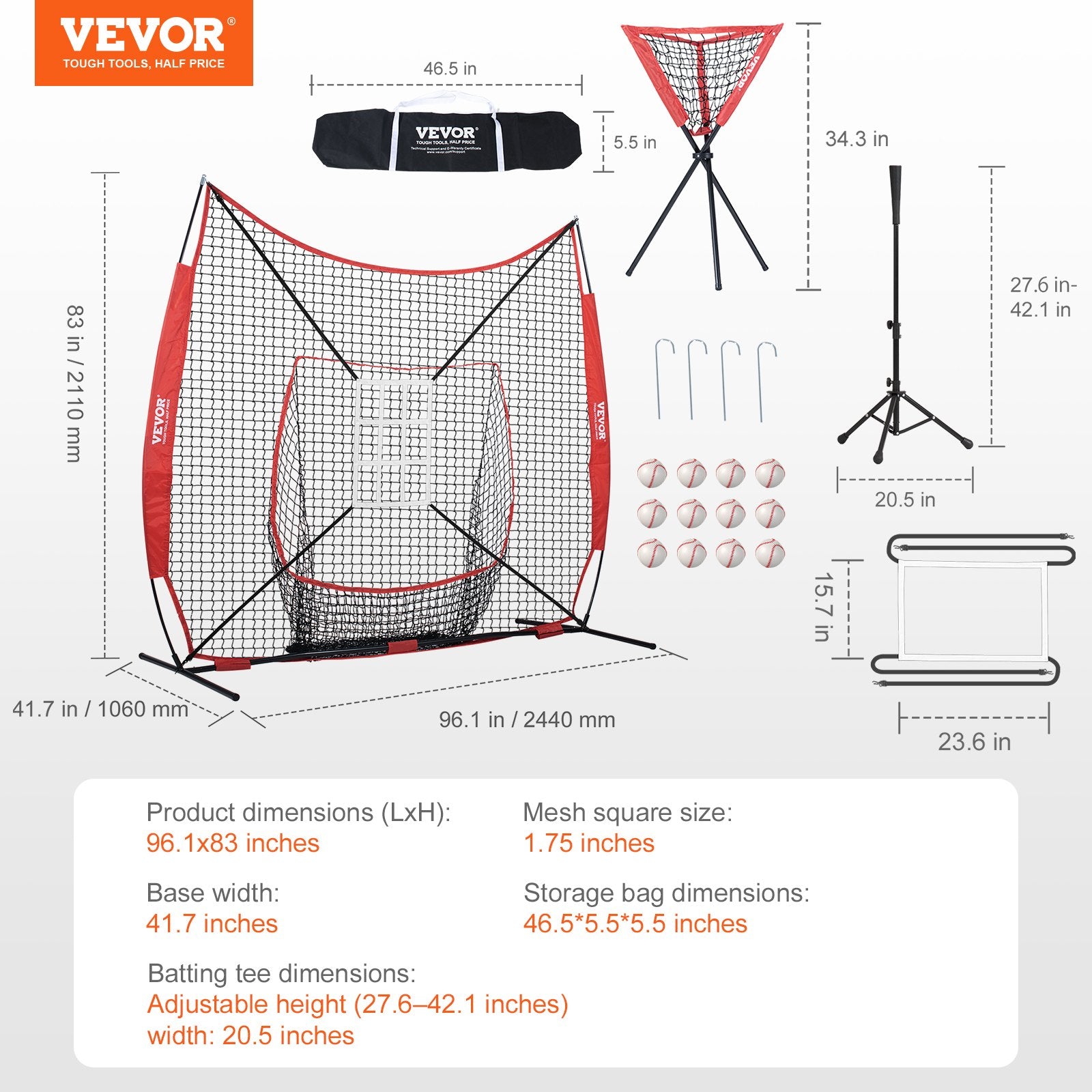 Beisbolo ir minkštasvydžio treniruočių tinklas VEVOR YC-SS-BN006, 213x213 cm