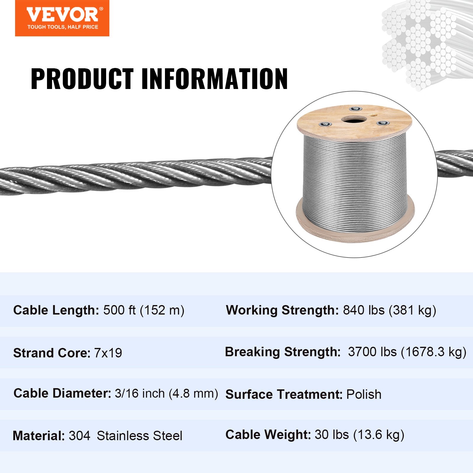 Plieninis trosas VEVOR T304, 150 m