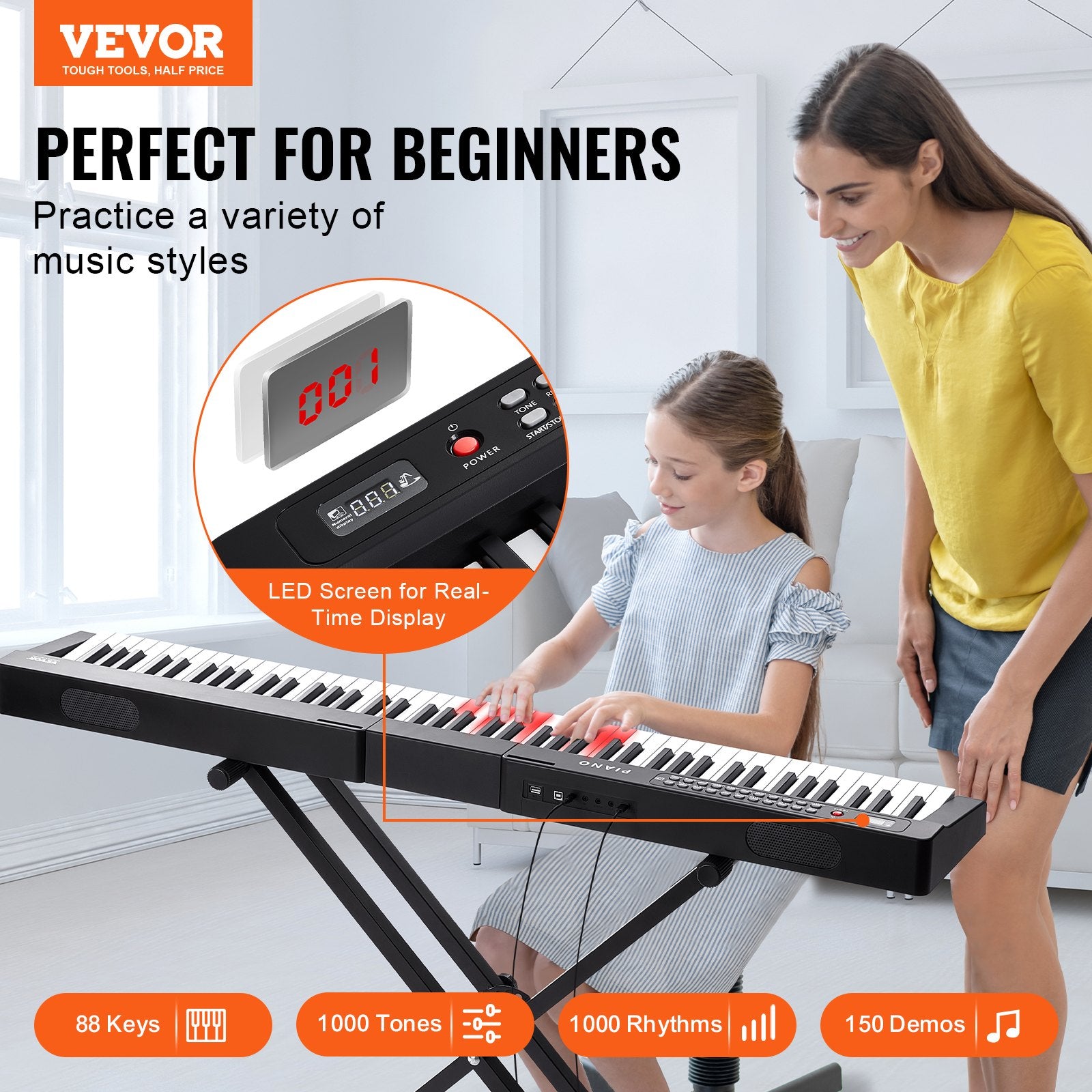 Skaitmeninis pianinas VEVOR BD-881D, 88 pusiau pasunkinti klavišai