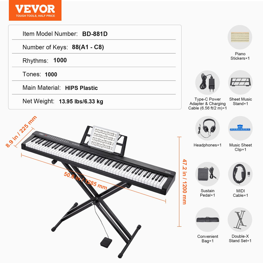 Skaitmeninis pianinas VEVOR BD-881D, 88 pusiau pasunkinti klavišai