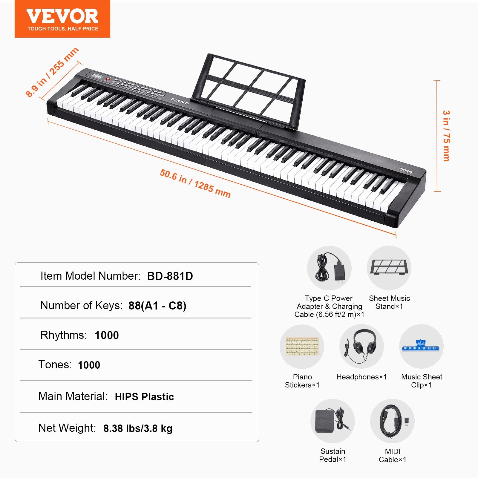 Skaitmeninis pianinas VEVOR BD-881D, 88 klavišai