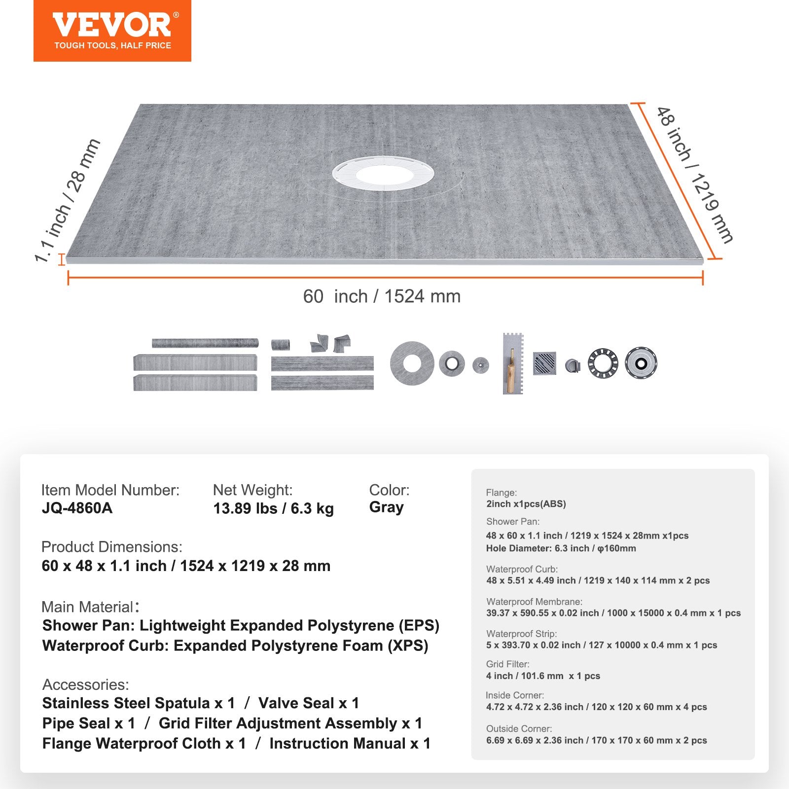 Dušo pagrindo komplektas VEVOR JQ-4860A, 1219x1524 mm