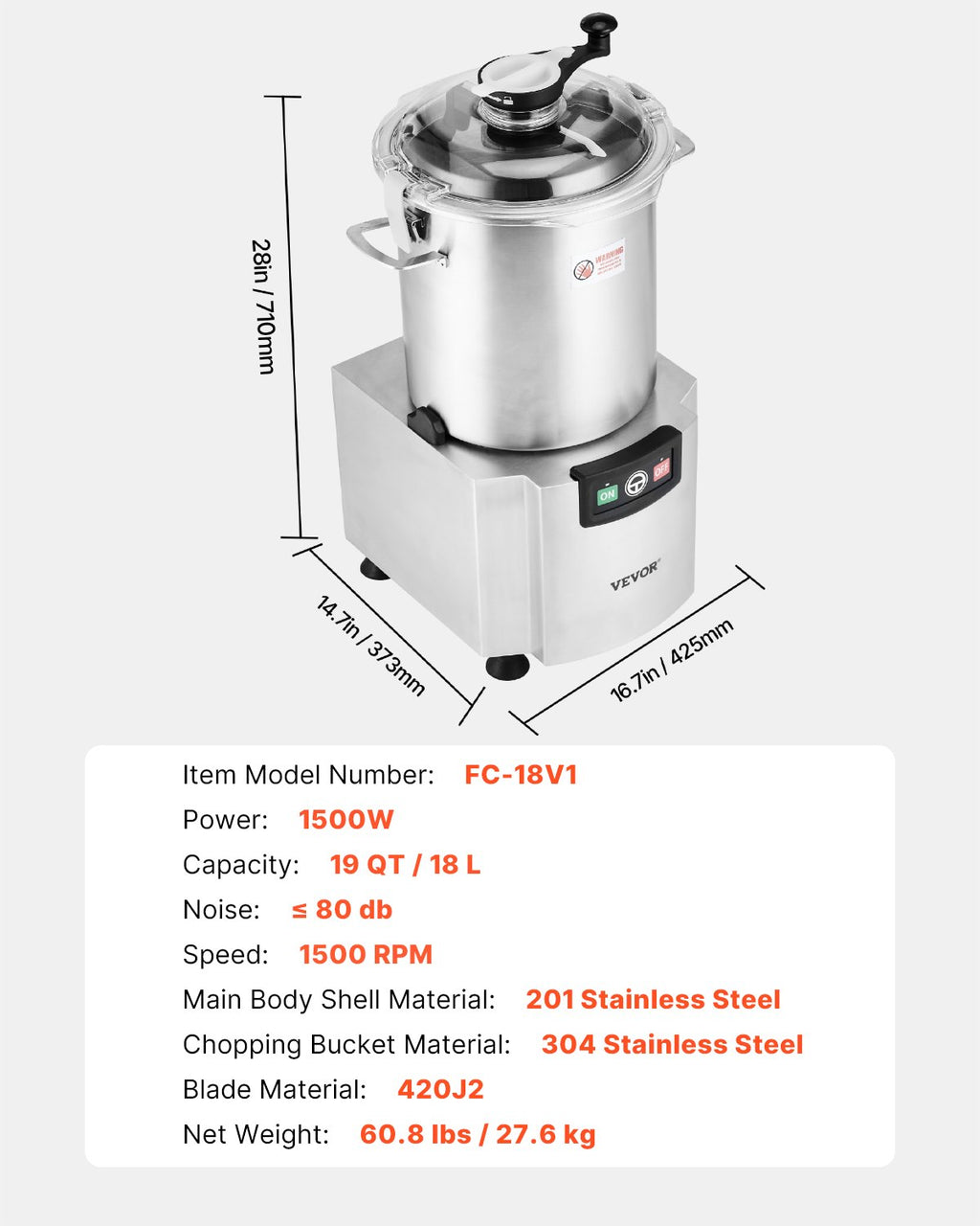 Maisto smulkintuvas VEVOR FC-18V1, 18 l
