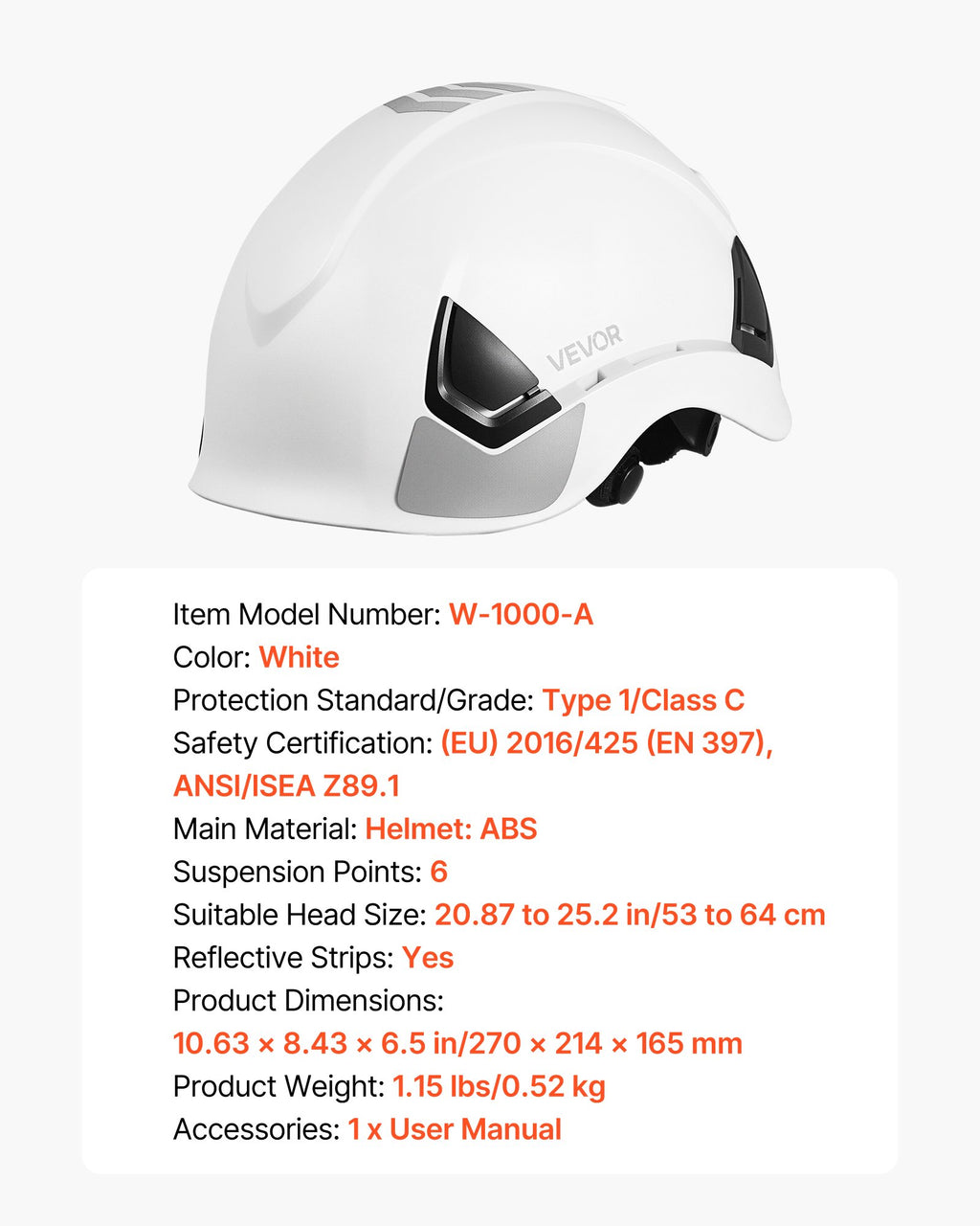 Apsauginis šalmas VEVOR W-1000-A, ANSI/ISEA Z89.1 sertifikatas