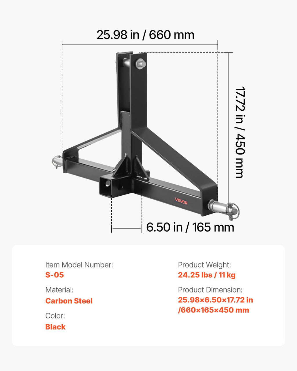 3 taškų traktoriaus prikabinimo jungtis VEVOR S-05, 1360 kg apkrova