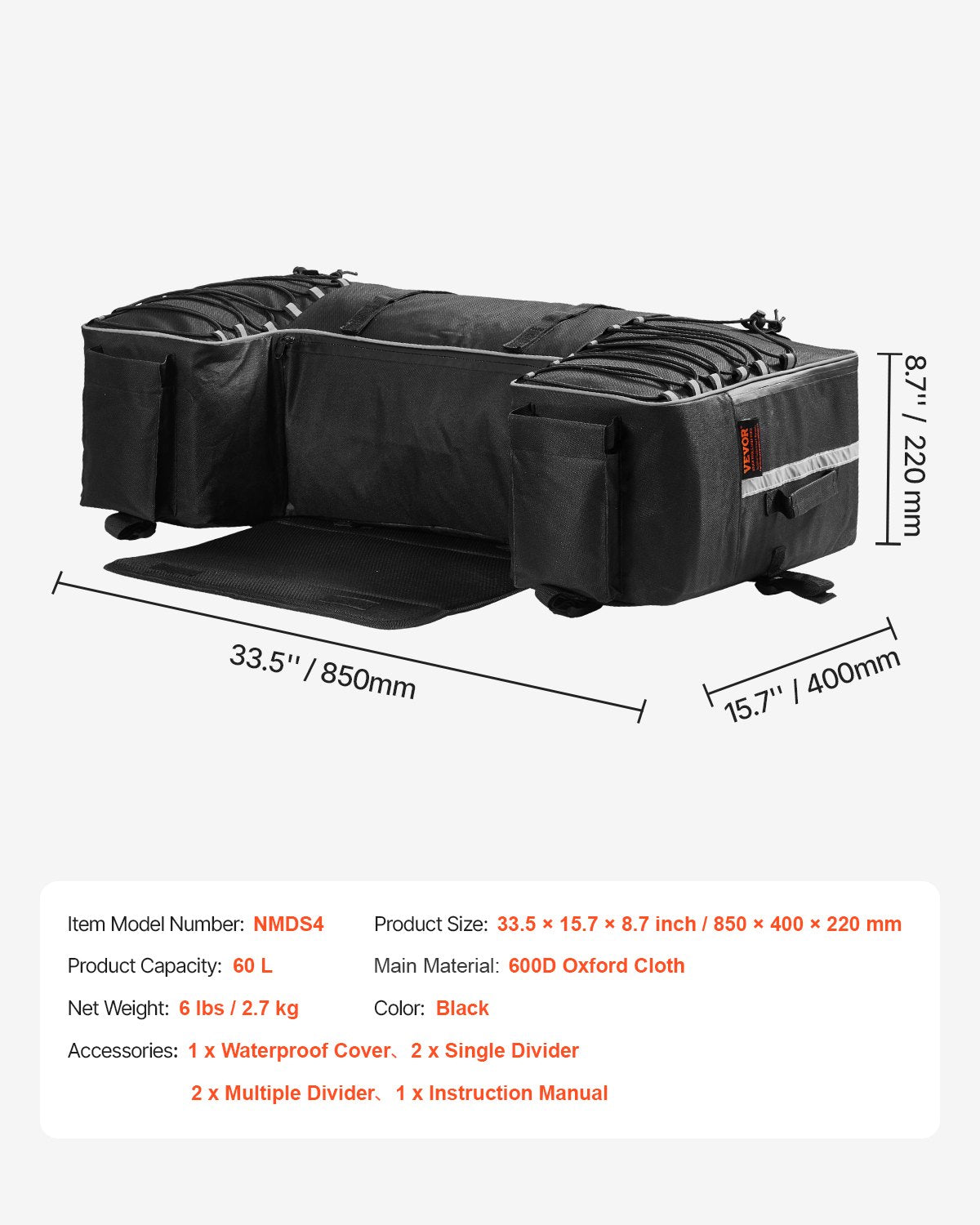 Keturračio galinis krepšys VEVOR NMDS4, 60 l talpa