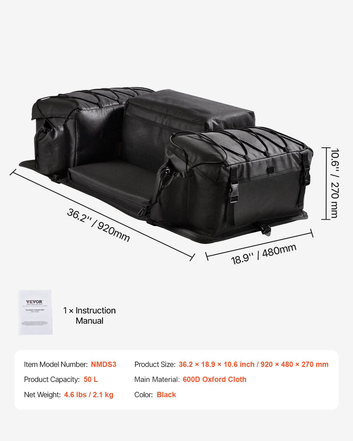Keturračio galinis krepšys VEVOR NMDS3, 50 l