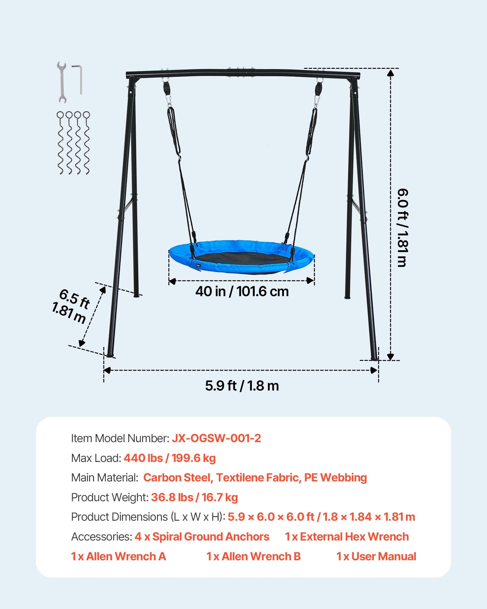 Sūpynių komplektas VEVOR JX-OGSW-001-2, 100 cm lėkštės formos sėdynė