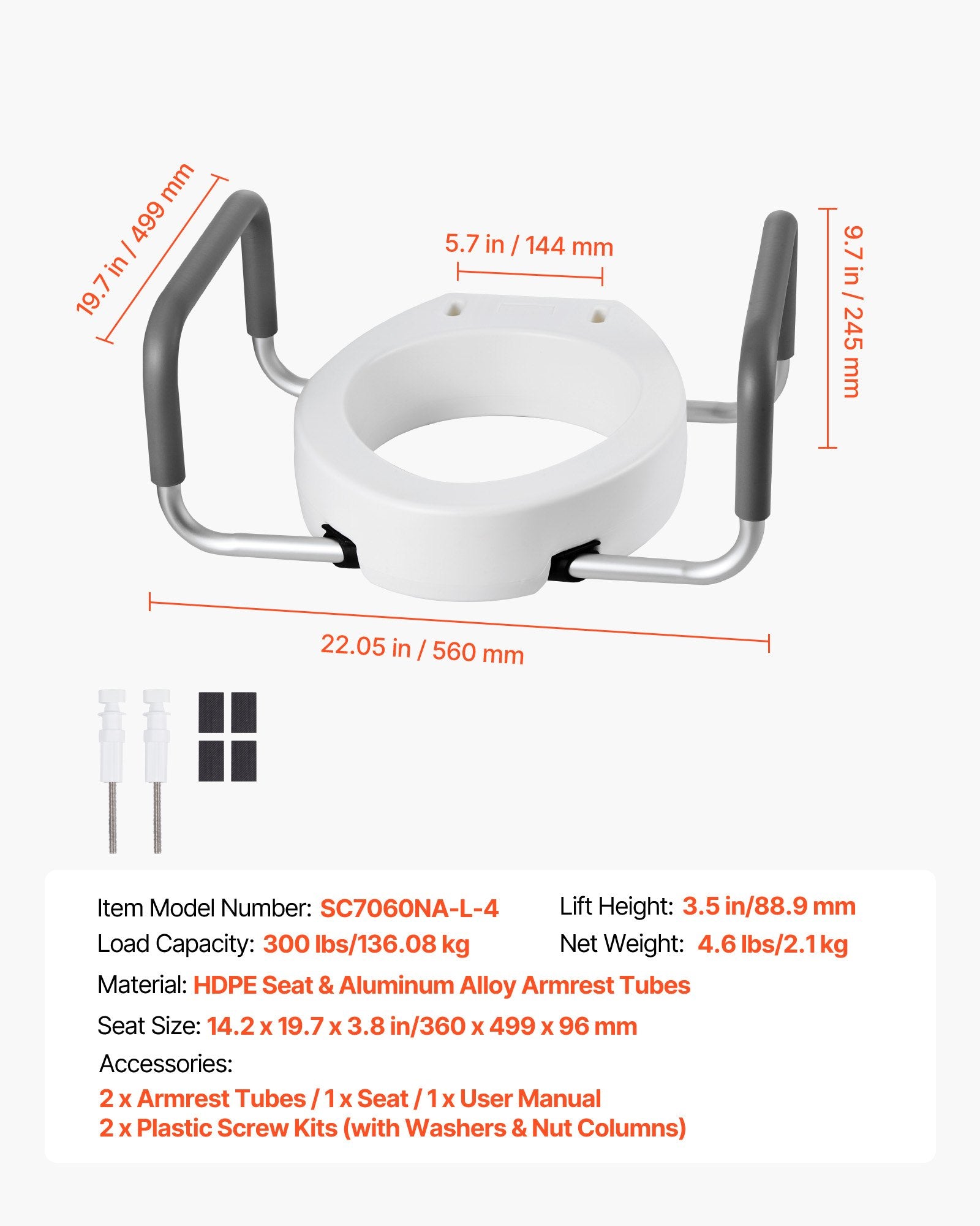 Paaukštinta tualeto sėdynė VEVOR SC7060NA-L-4, 136 kg apkrova