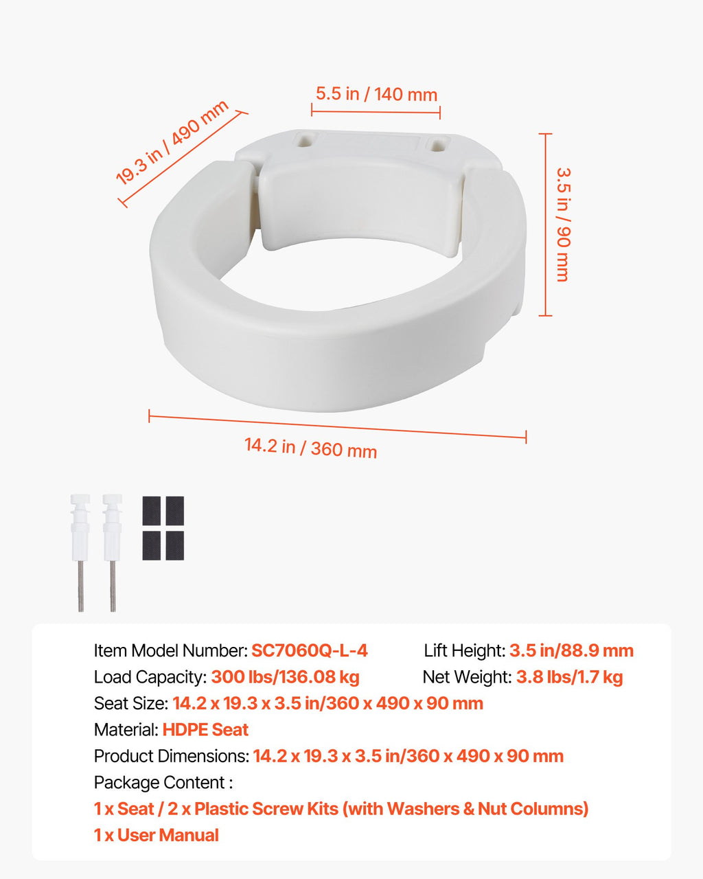 Paaukštinta tualeto sėdynė VEVOR SC7060Q-L-4, 88,9 mm aukščio