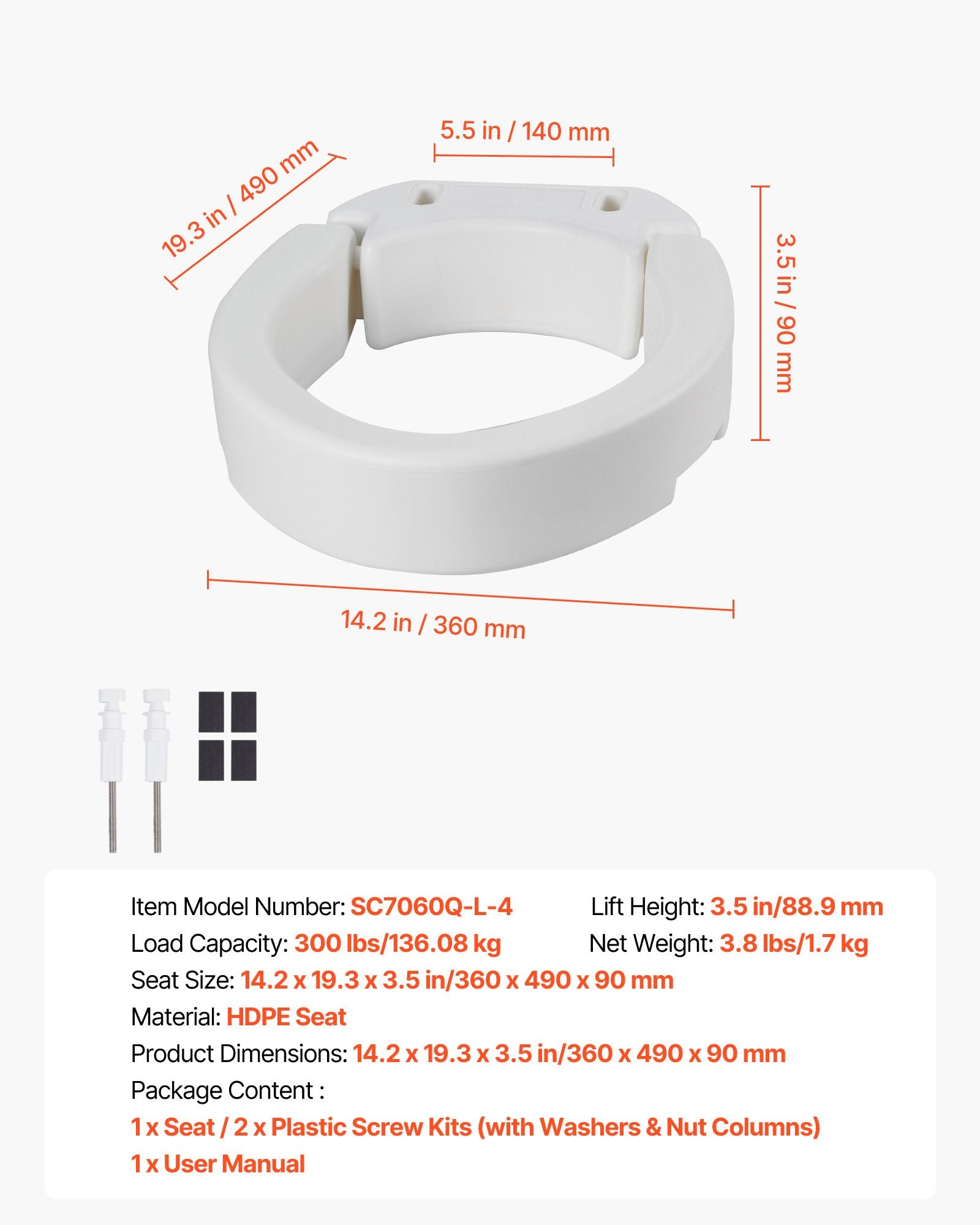 Paaukštinta tualeto sėdynė VEVOR SC7060Q-L-4, 88,9 mm aukščio