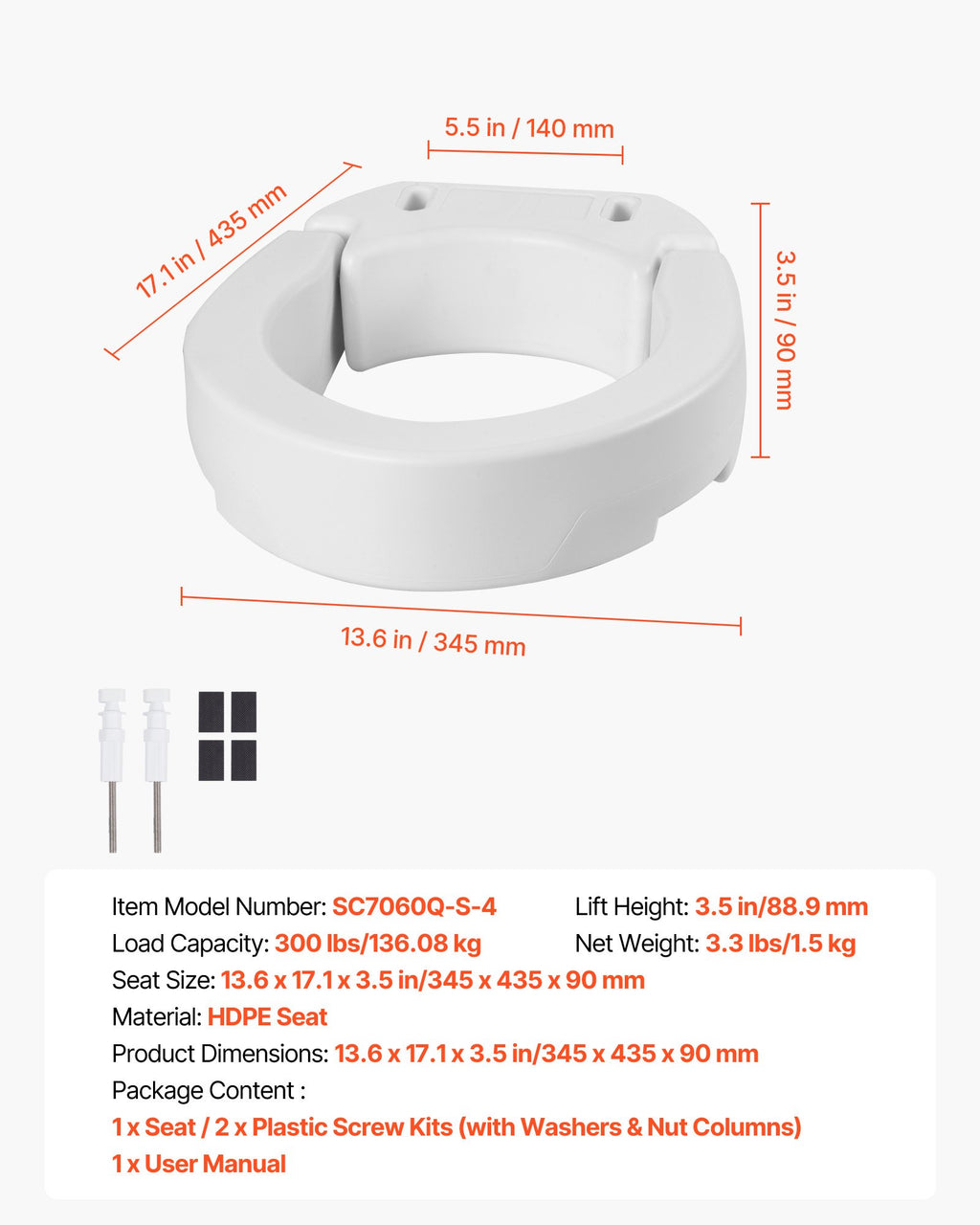 Paaukštinta tualeto sėdynė VEVOR SC7060Q-S-4, 88,9 mm aukščio