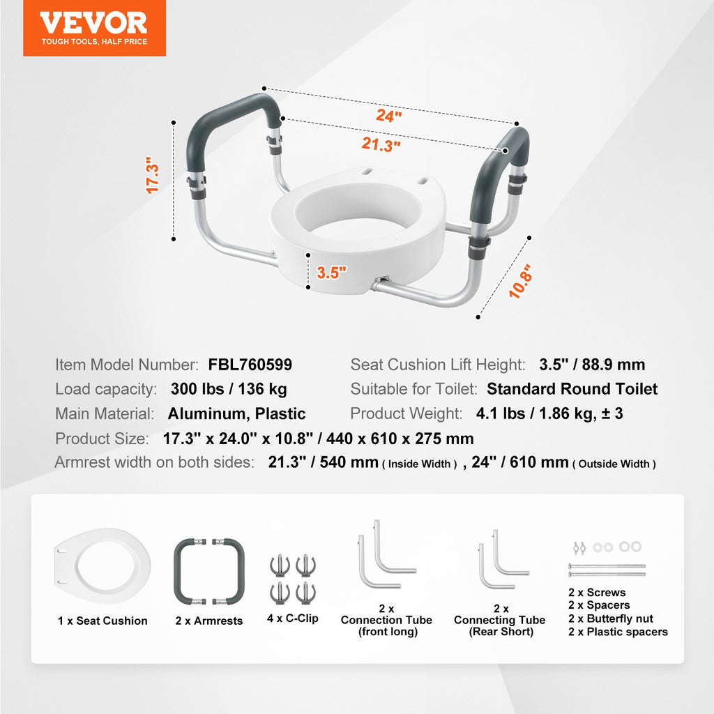 Paaukštinta tualeto sėdynė VEVOR FBL760599, 8,9 cm aukščio