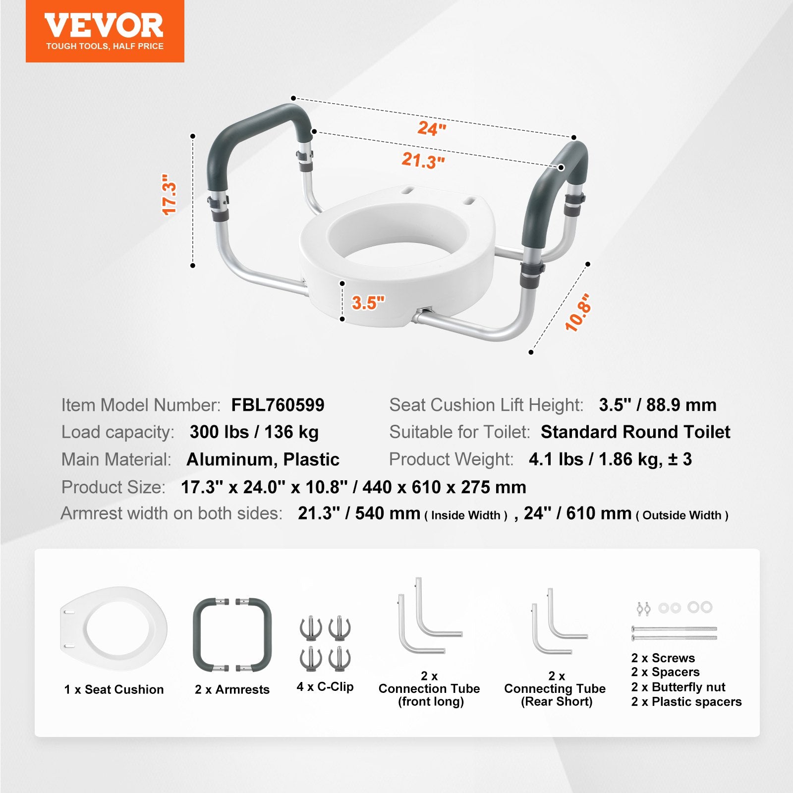 Paaukštinta tualeto sėdynė VEVOR FBL760599, 8,9 cm aukščio