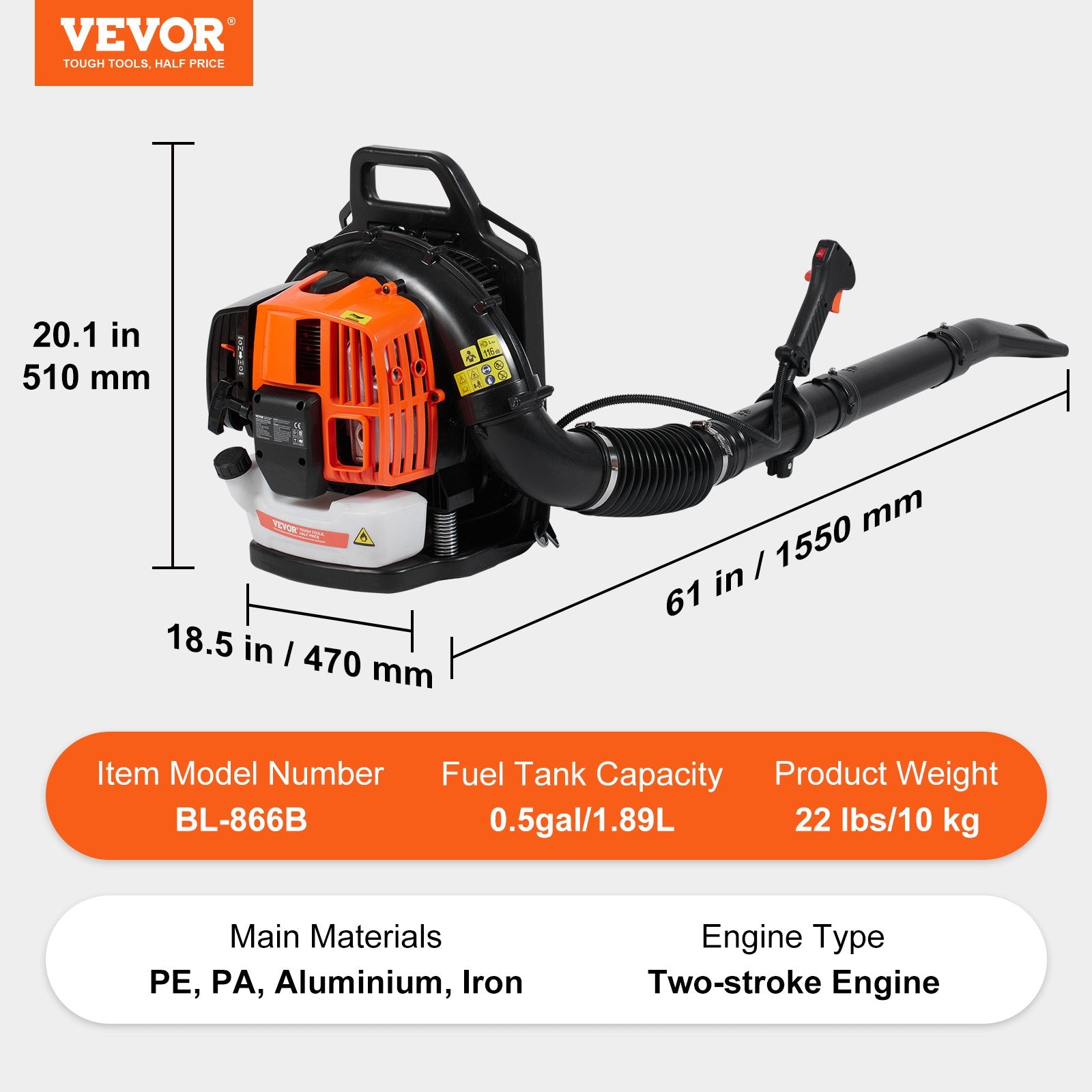 Benzininis nugarinis lapų pūstuvas VEVOR BL-866B, 63 cm³