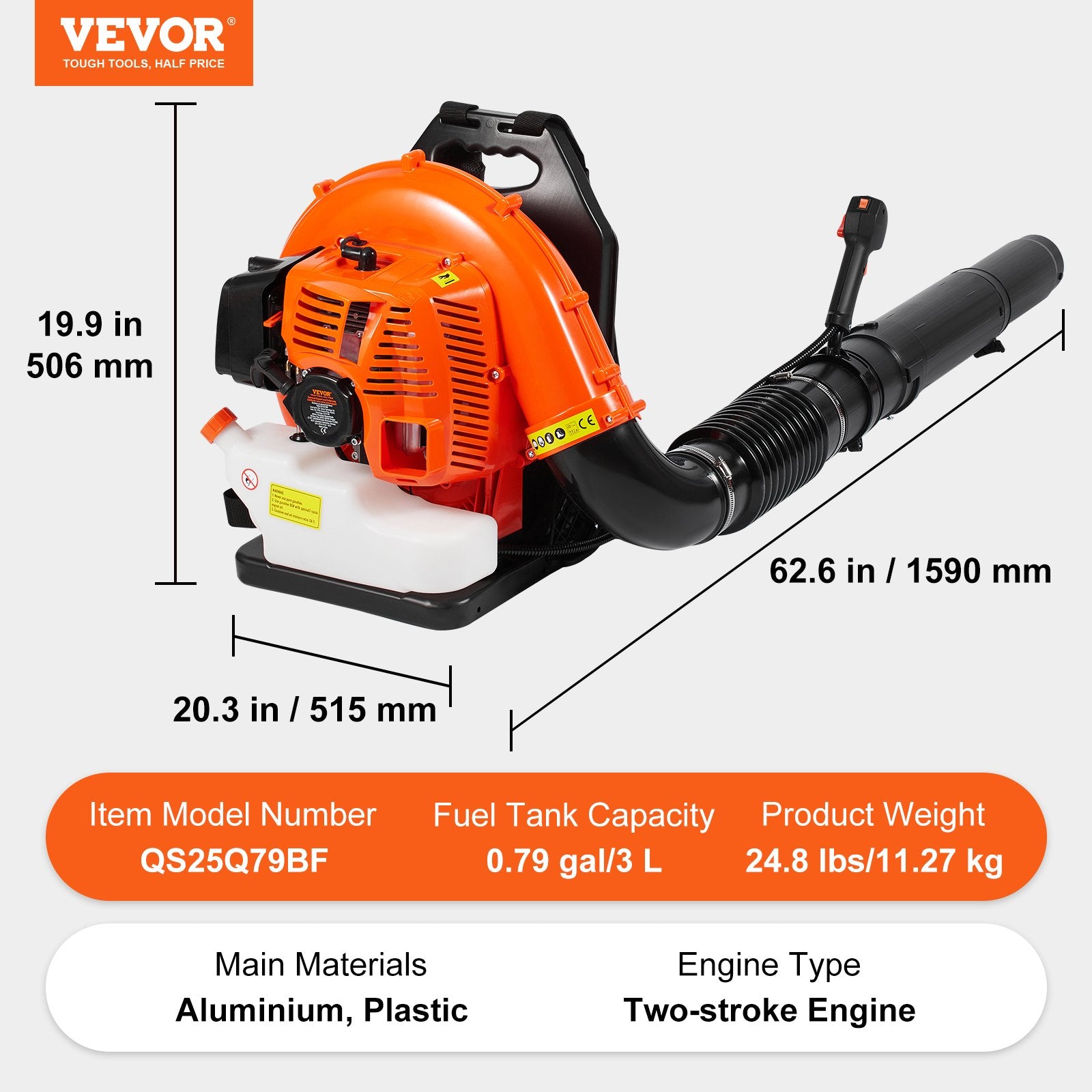 Ant nugaros nešiojamas lapų pūstuvas VEVOR QS25Q79BF, 79 cm³