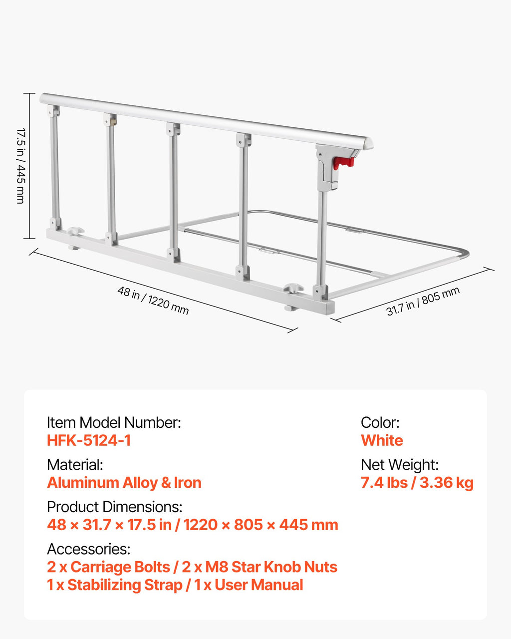 Sulankstomas lovos turėklas VEVOR HFK-5124-1, 122 cm