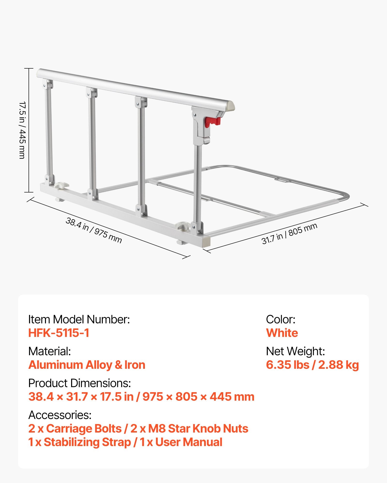 Sulankstomas lovos turėklas VEVOR HFK-5115-1, 97 cm ilgio
