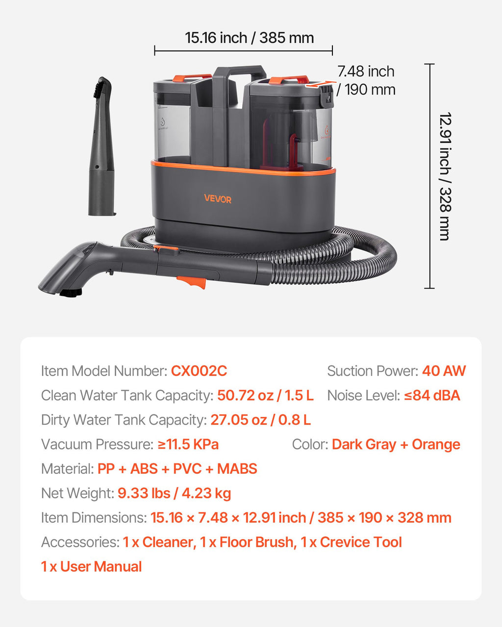 Kilimų ir baldų valymo įrenginys VEVOR CX002C, 11,5 kPa
