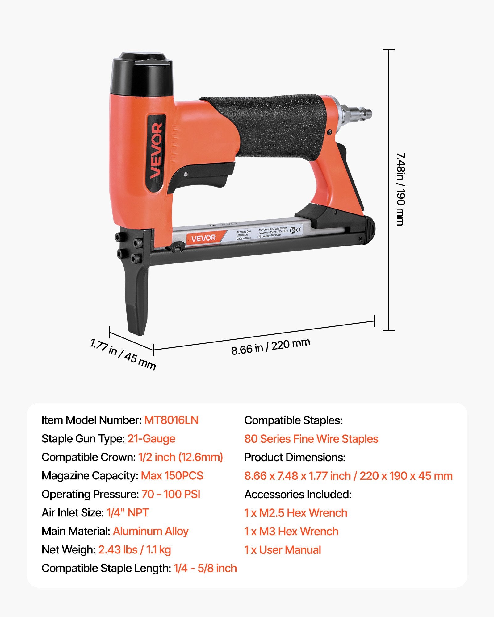 Pneumatinis kabių kalimo pistoletas VEVOR MT8016LN, 21 kalibro