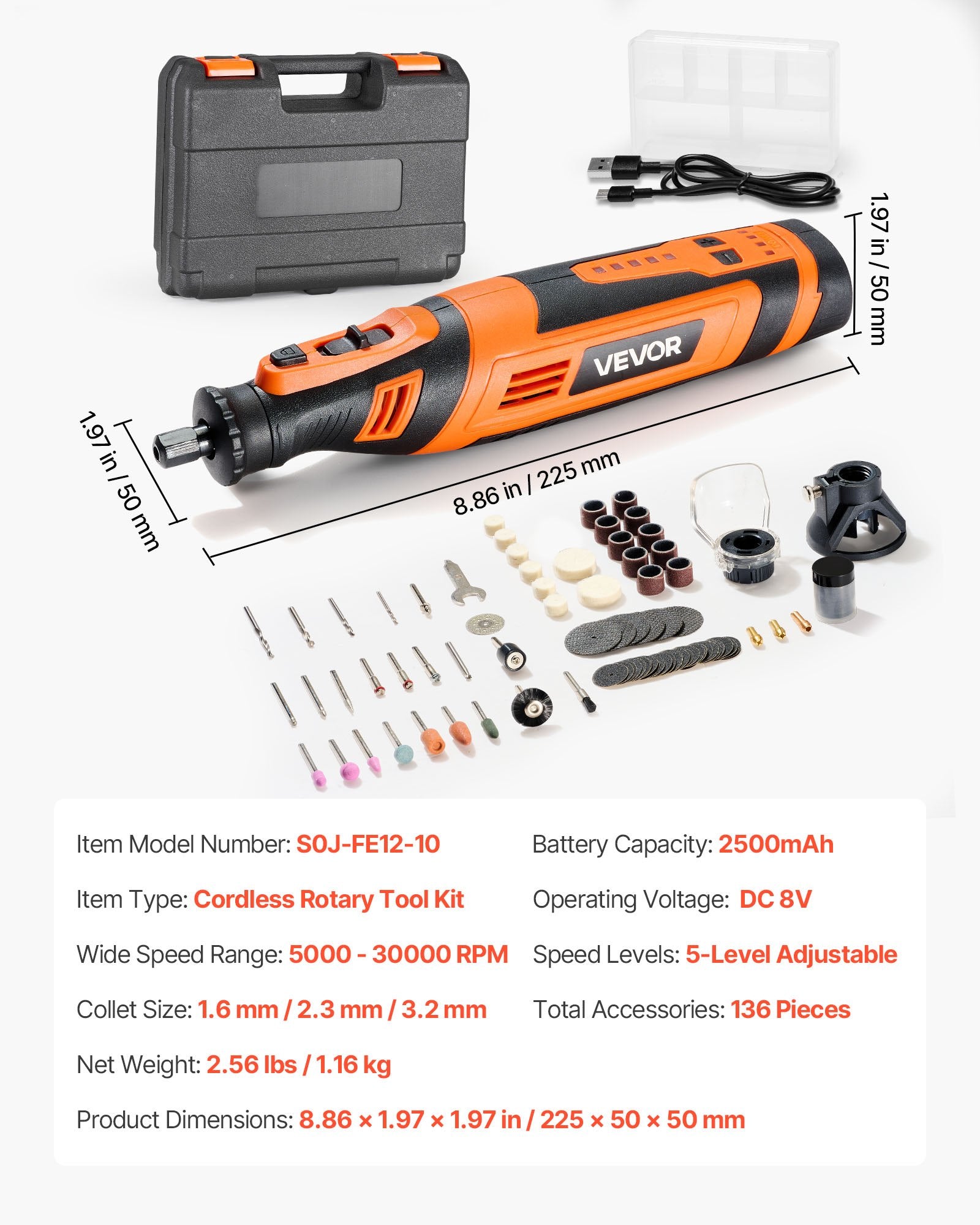 Akumuliatorinis multifunkcinis įrankis VEVOR S0J-FE12-10, 136 dalių rinkinys