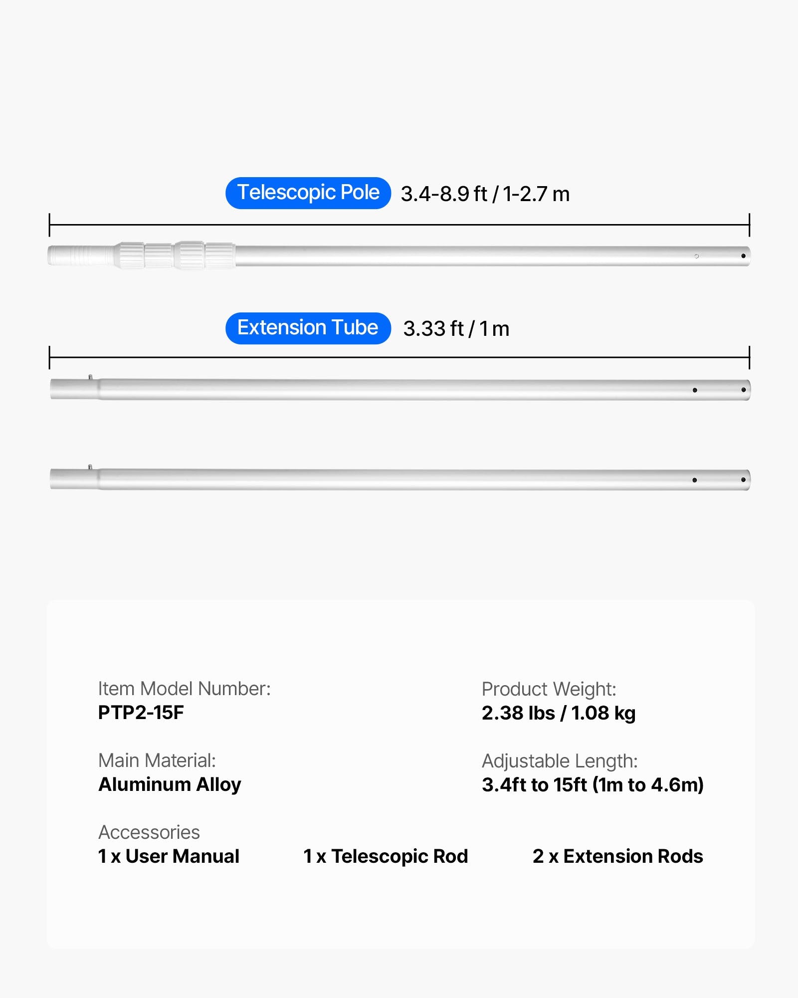 Teleskopinis baseino kotas VEVOR PTP2-15F, 1–4,6 m