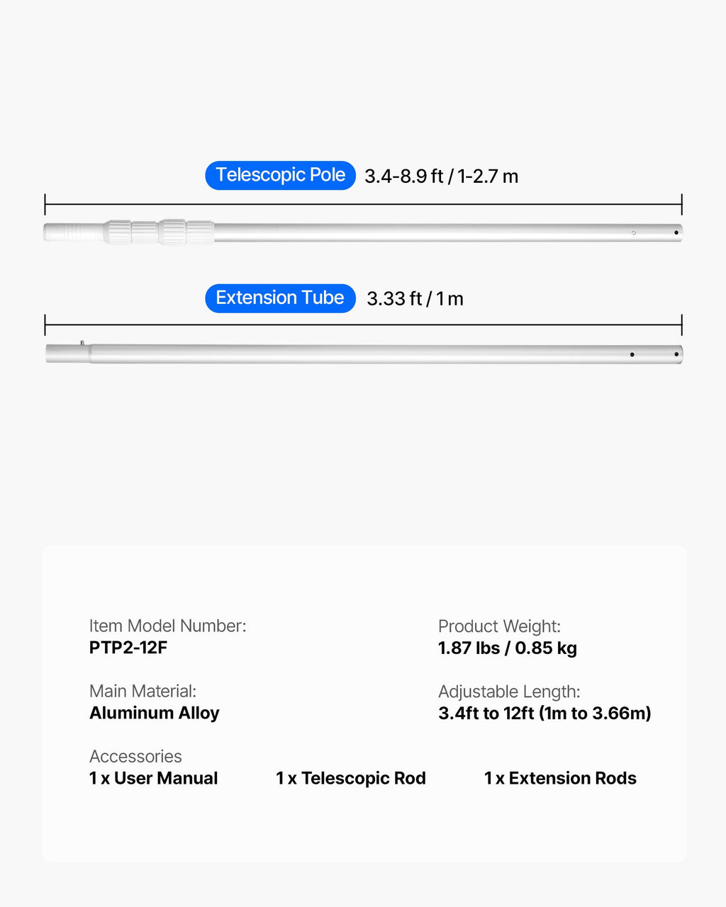 Teleskopinis baseino valymo kotas VEVOR PTP2-12F, 1–3,66 m