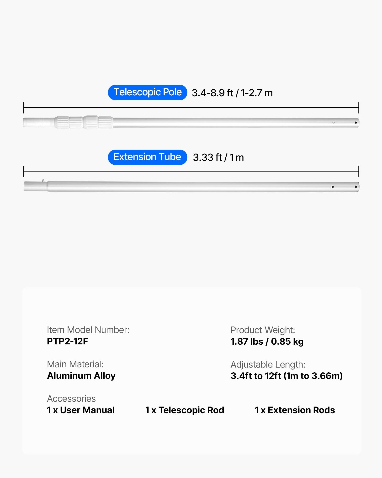 Teleskopinis baseino valymo kotas VEVOR PTP2-12F, 1–3,66 m