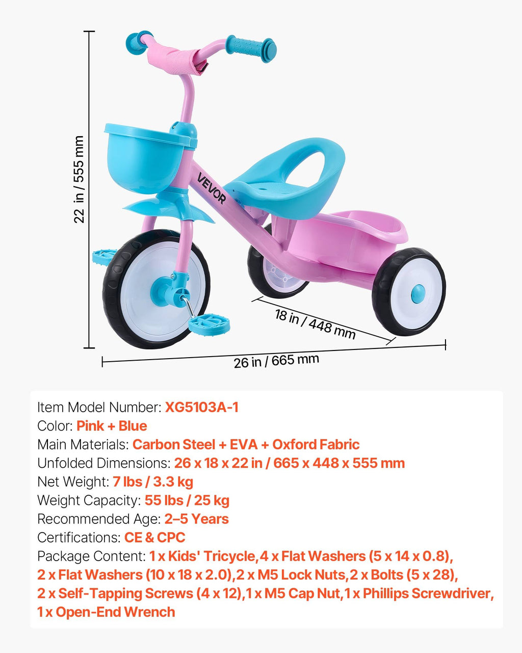 Vaikiškas triratukas VEVOR XG5103A-1, 2–5 metų vaikams