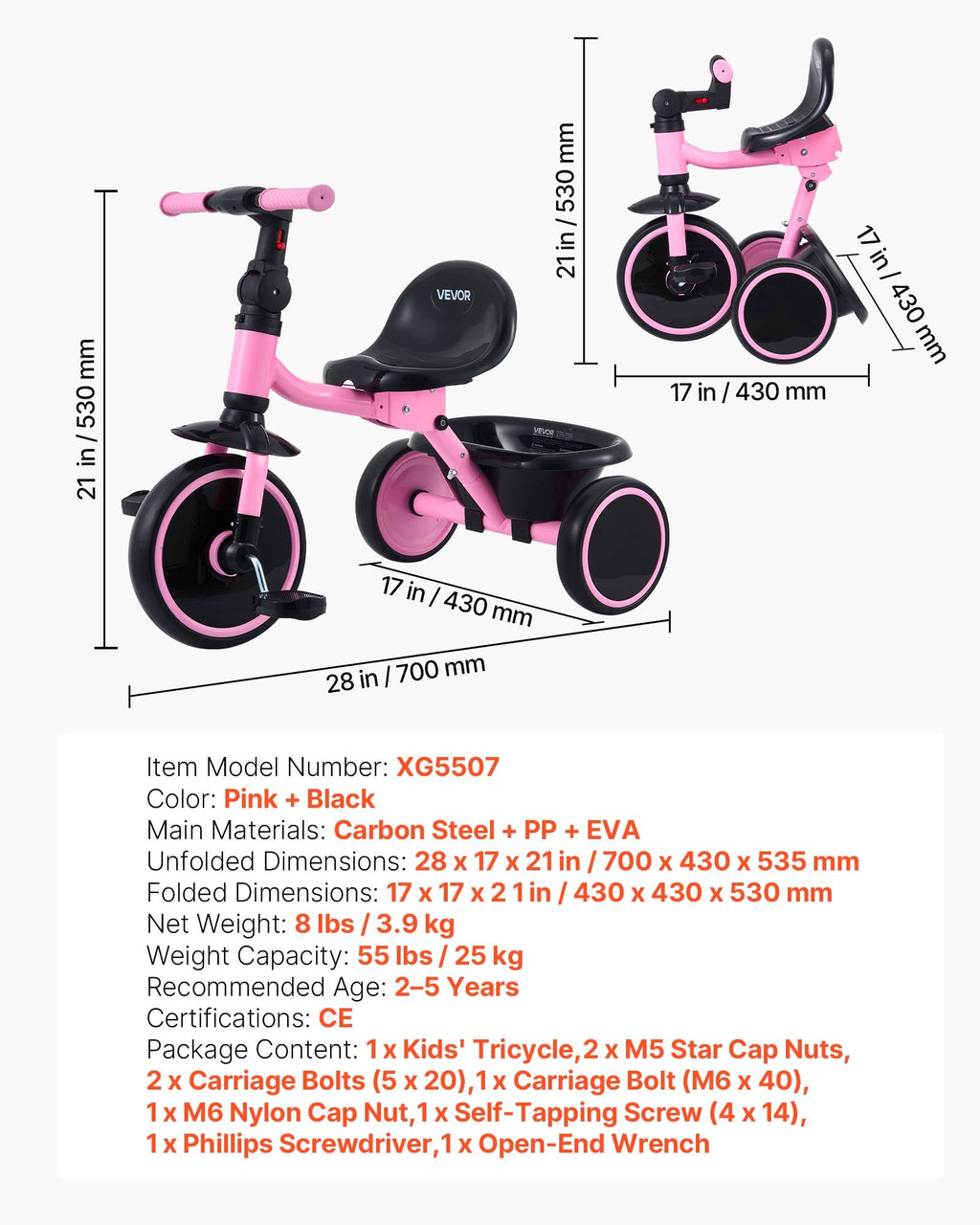 Vaikiškas triratukas VEVOR XG5507, 2–5 metų vaikams